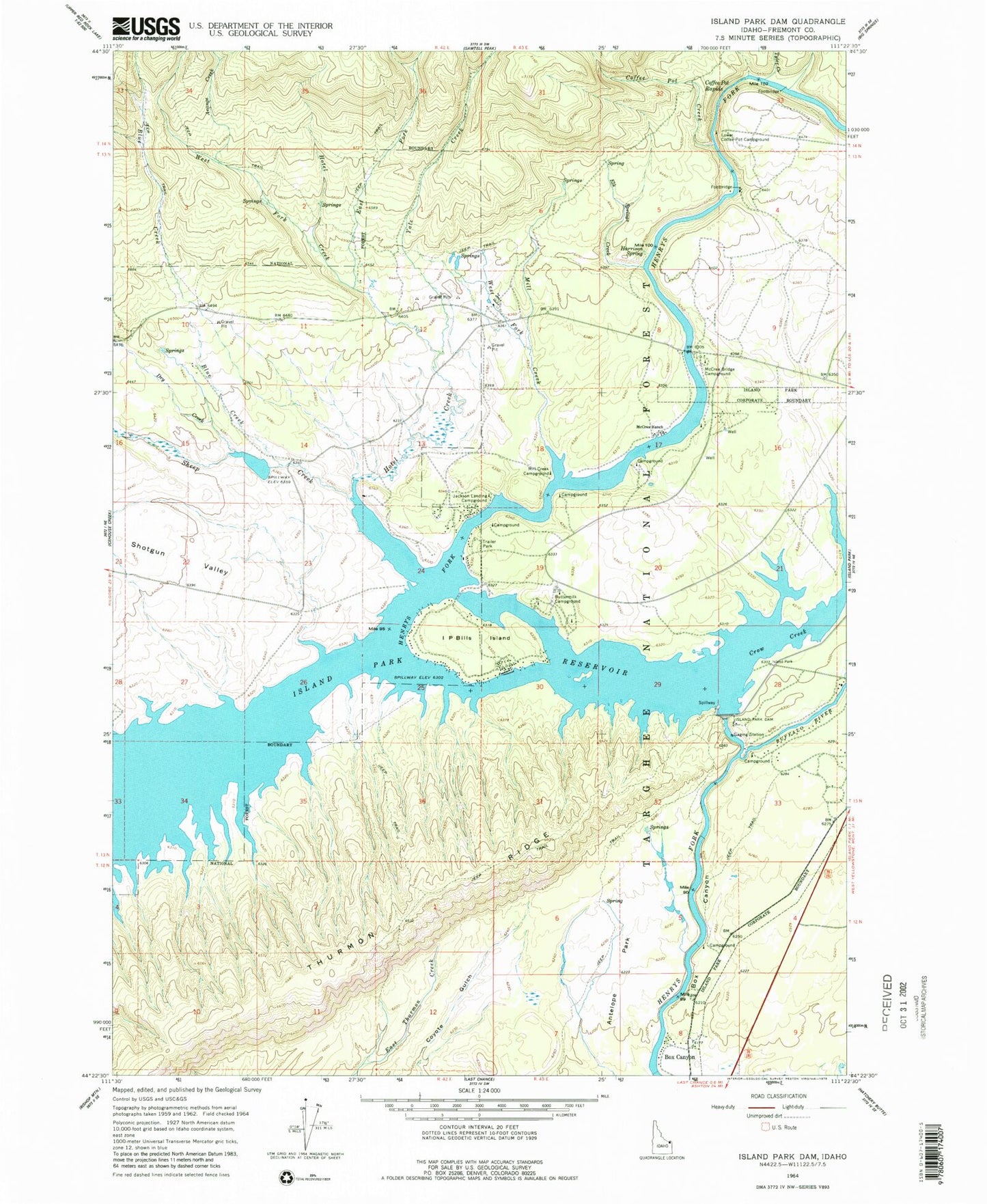 Classic USGS Island Park Dam Idaho 7.5'x7.5' Topo Map Image