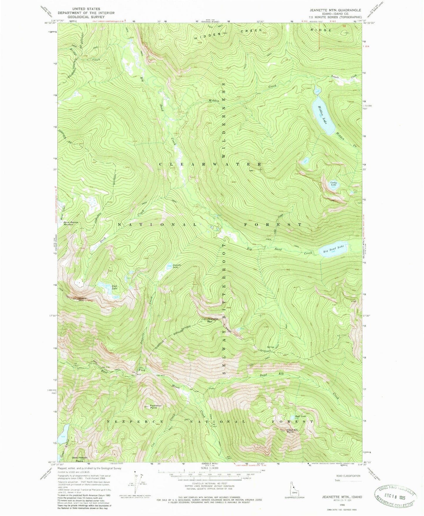 Classic USGS Jeanette Mountain Idaho 7.5'x7.5' Topo Map Image