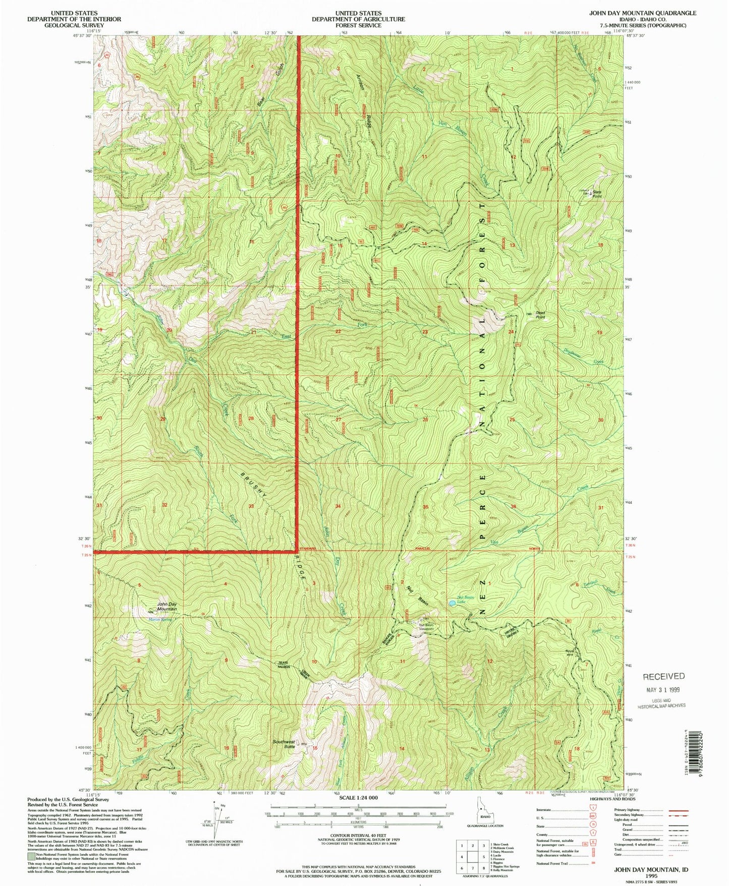 Classic USGS John Day Mountain Idaho 7.5'x7.5' Topo Map Image