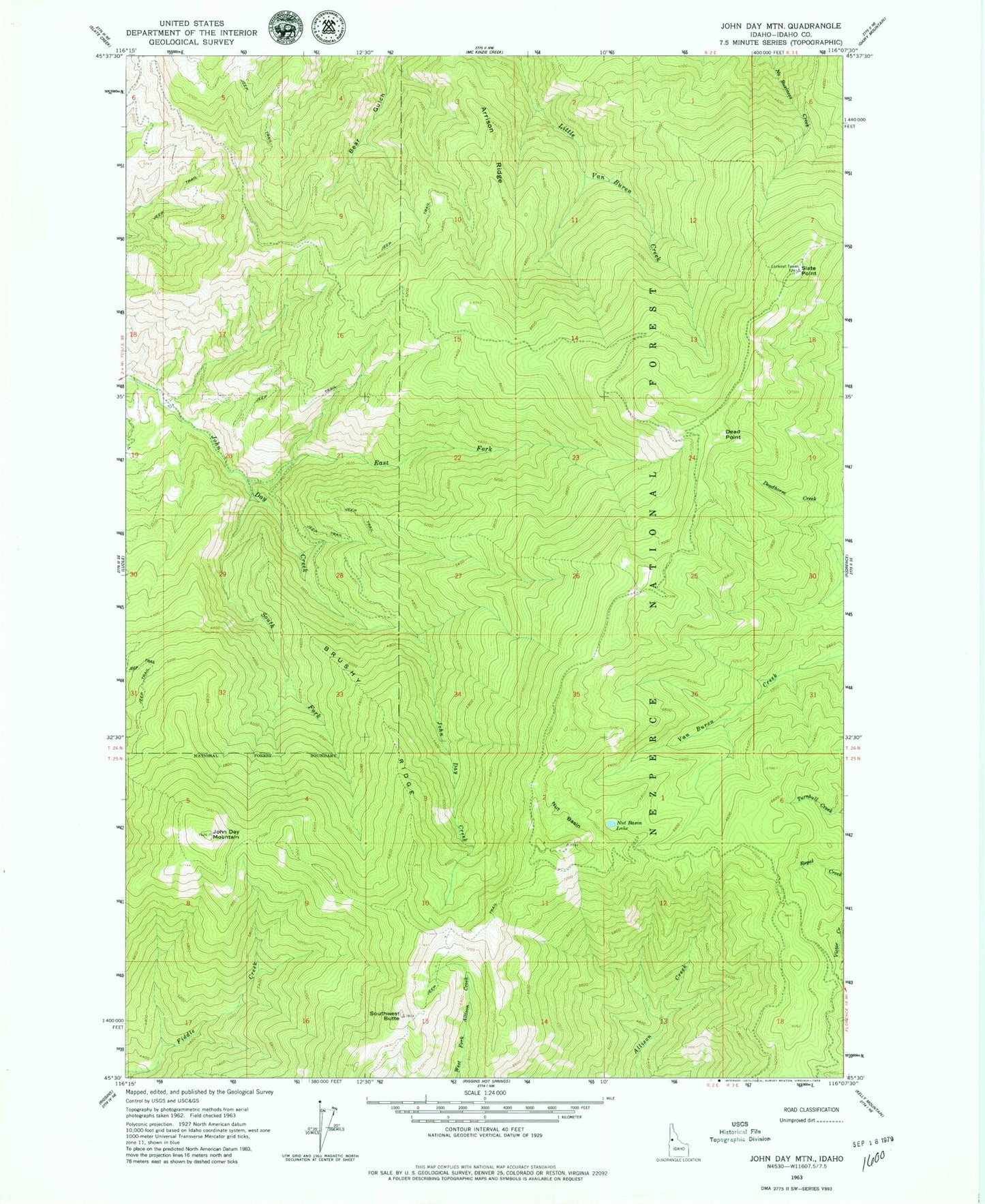 Classic USGS John Day Mountain Idaho 7.5'x7.5' Topo Map Image