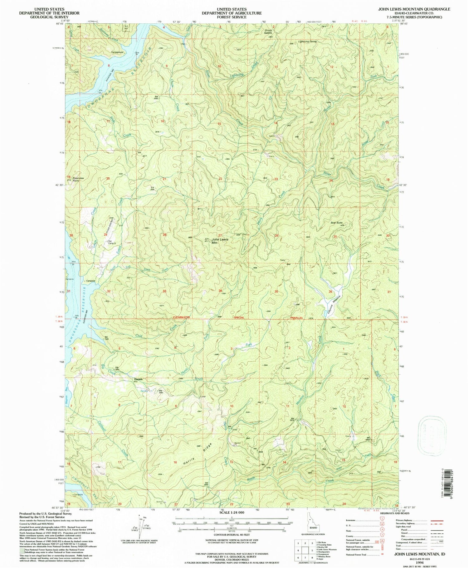 Classic USGS John Lewis Mountain Idaho 7.5'x7.5' Topo Map Image