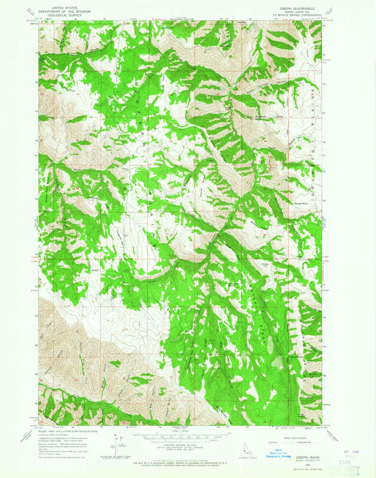 Classic USGS Joseph Idaho 7.5'x7.5' Topo Map Image