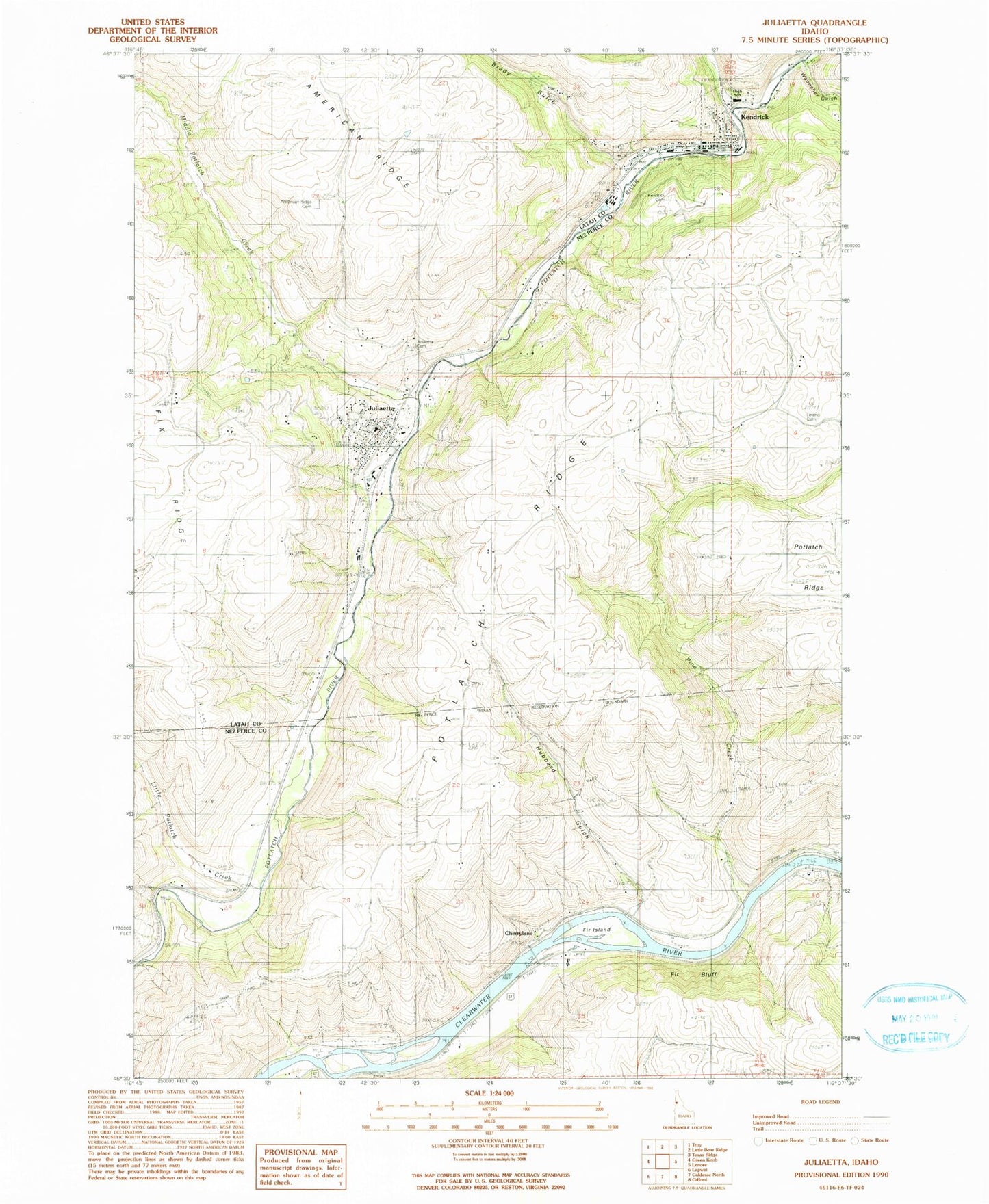 Classic USGS Juliaetta Idaho 7.5'x7.5' Topo Map Image