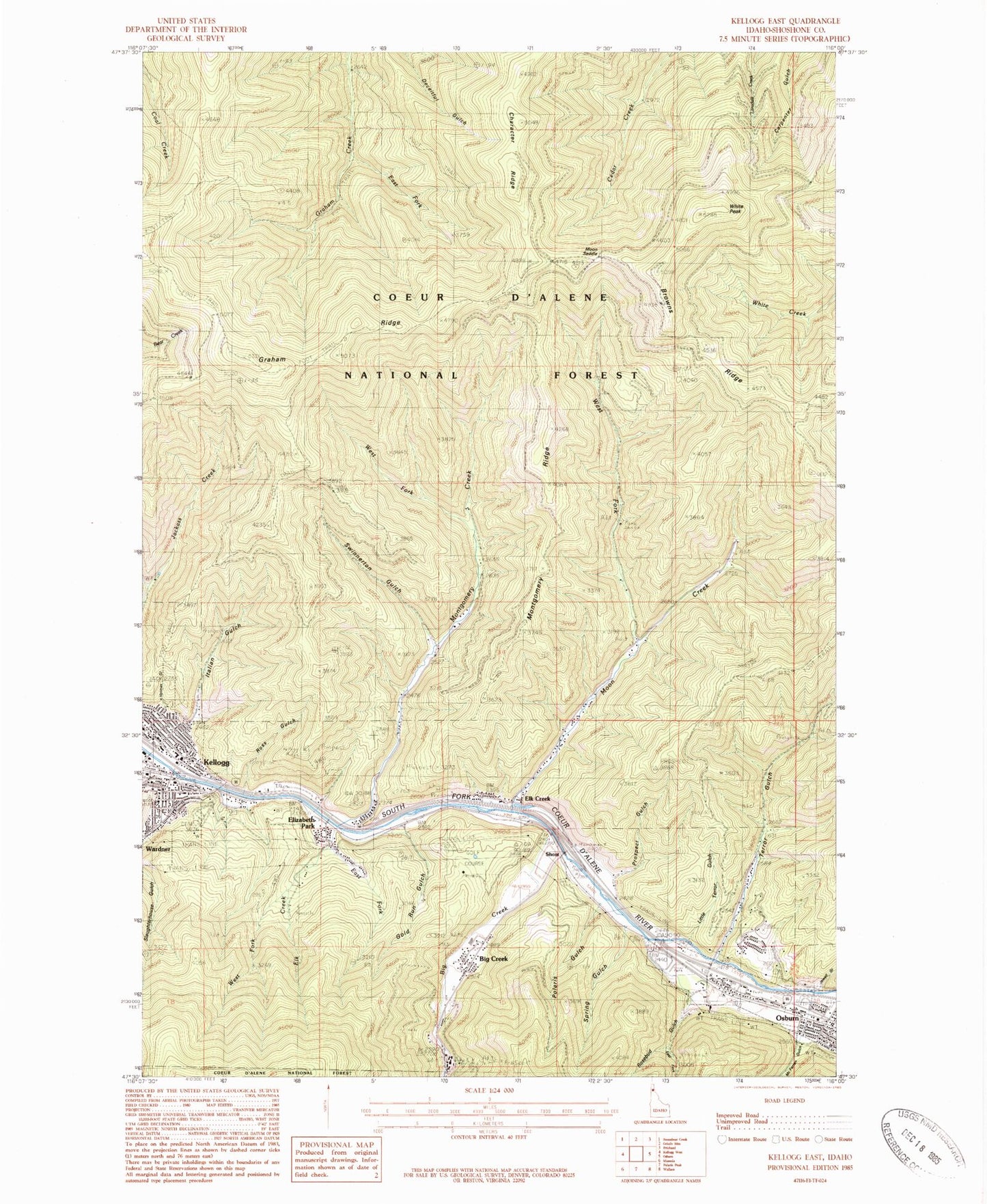 Classic USGS Kellogg East Idaho 7.5'x7.5' Topo Map Image
