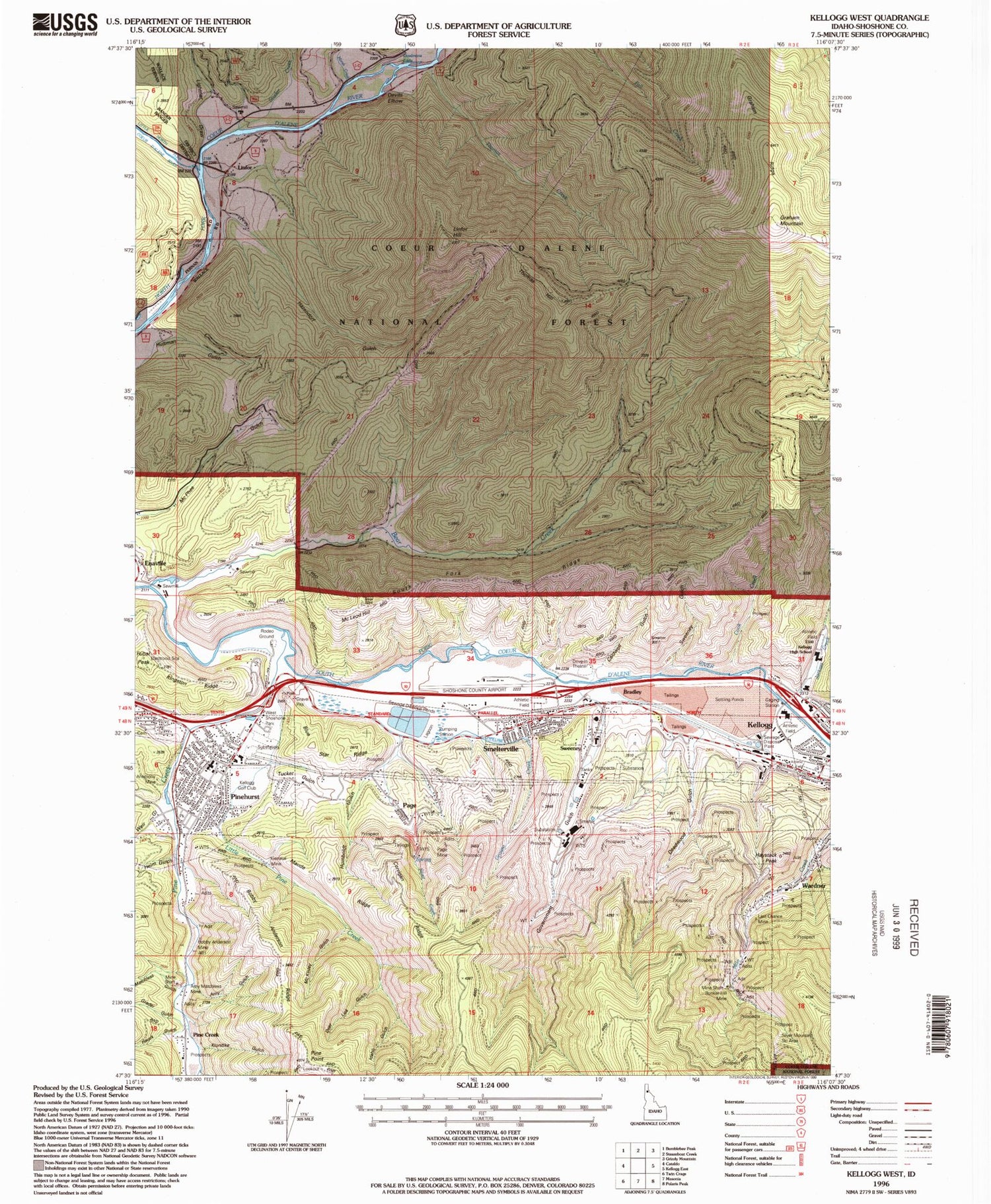 Classic USGS Kellogg West Idaho 7.5'x7.5' Topo Map Image