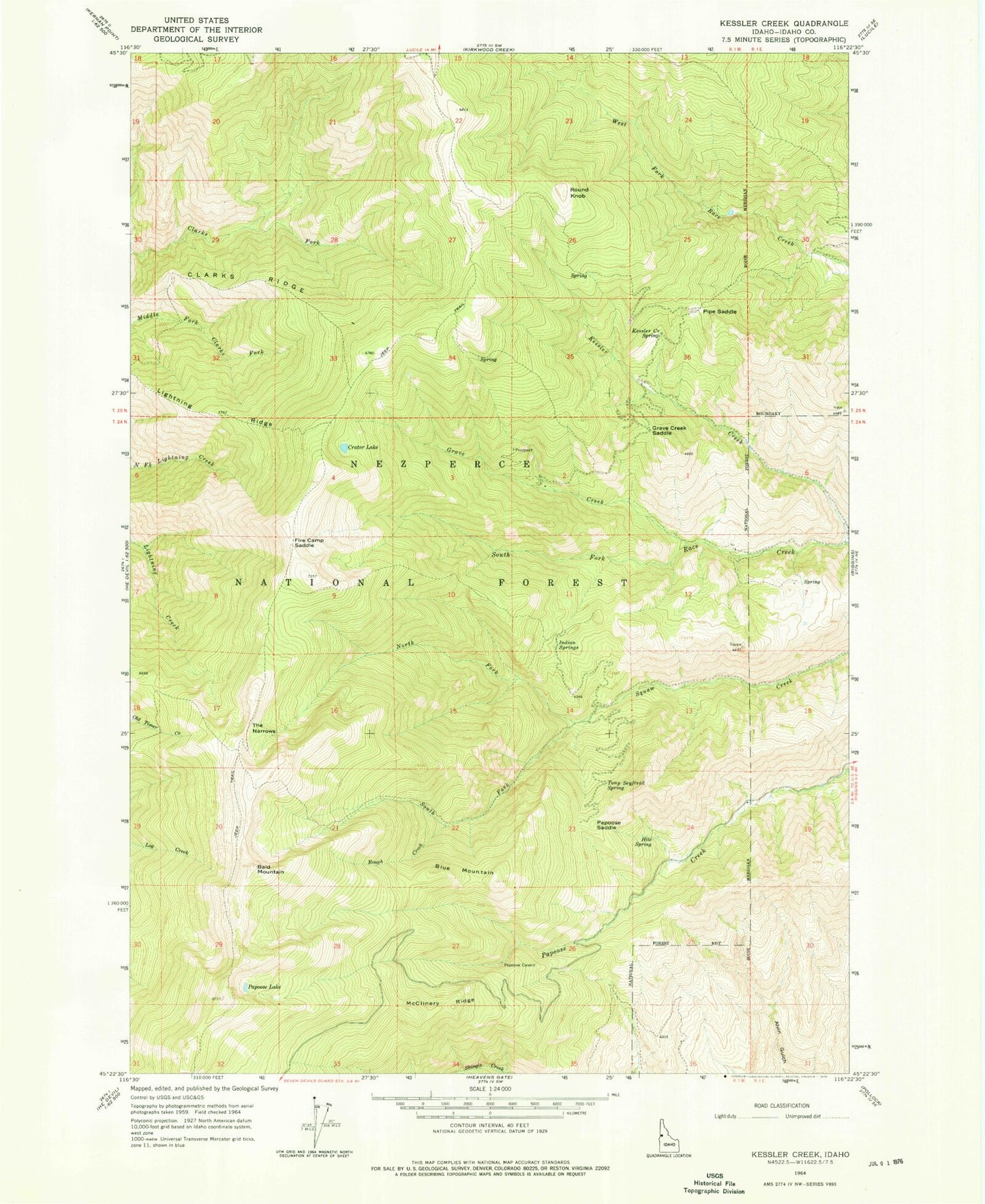 Classic USGS Kessler Creek Idaho 7.5'x7.5' Topo Map Image
