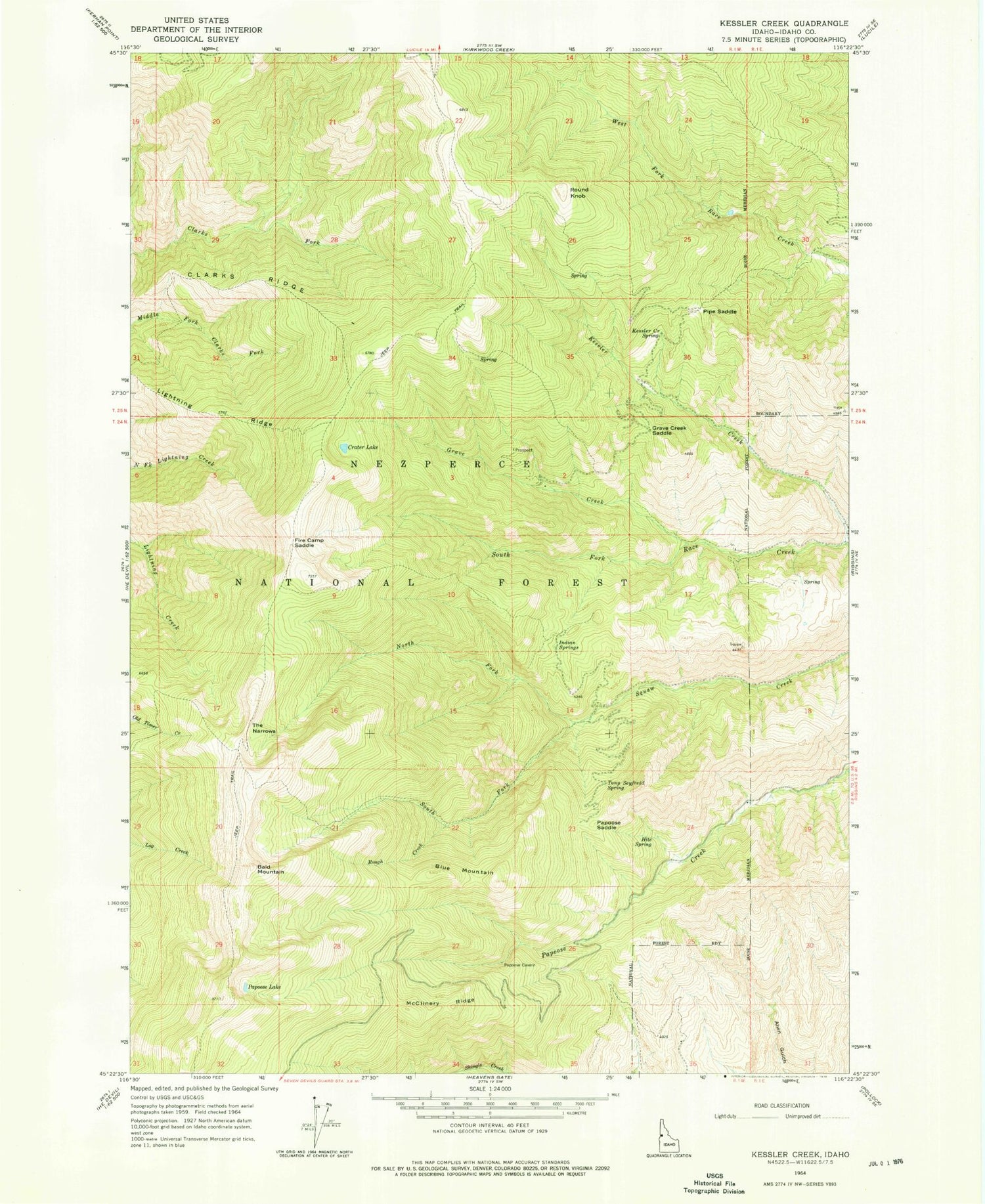Classic USGS Kessler Creek Idaho 7.5'x7.5' Topo Map Image