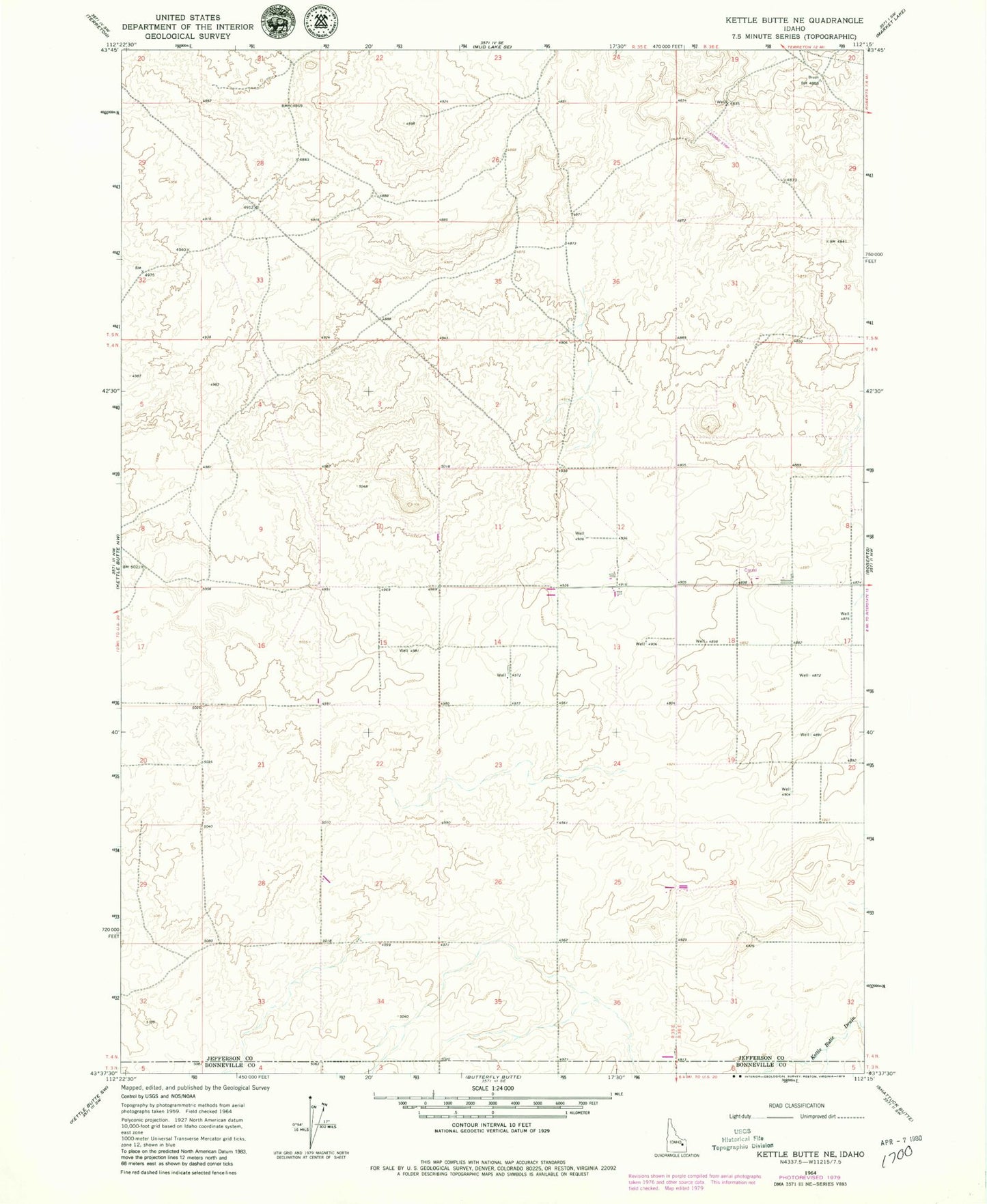 Classic USGS Kettle Butte NE Idaho 7.5'x7.5' Topo Map Image