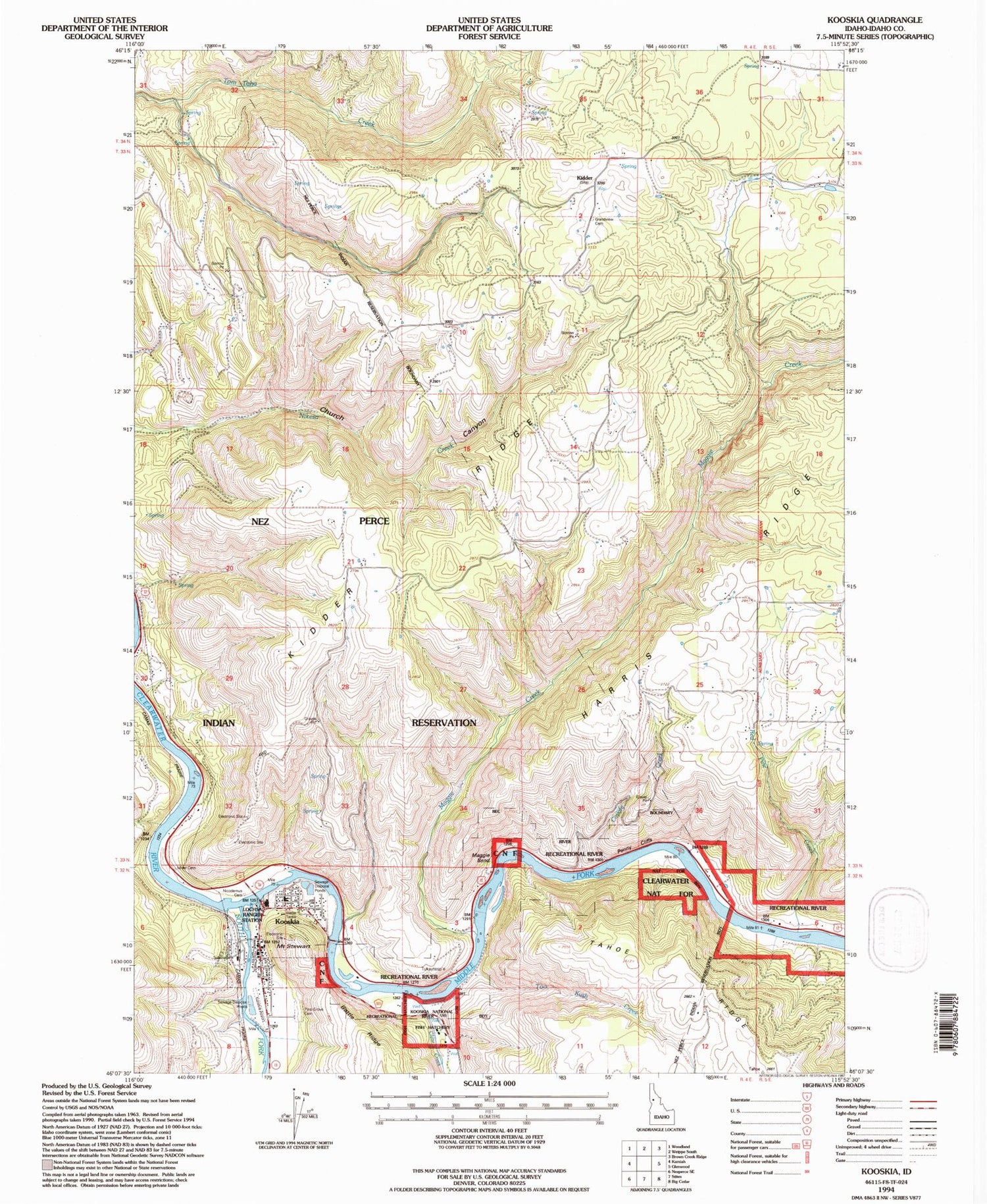 Classic USGS Kooskia Idaho 7.5'x7.5' Topo Map Image