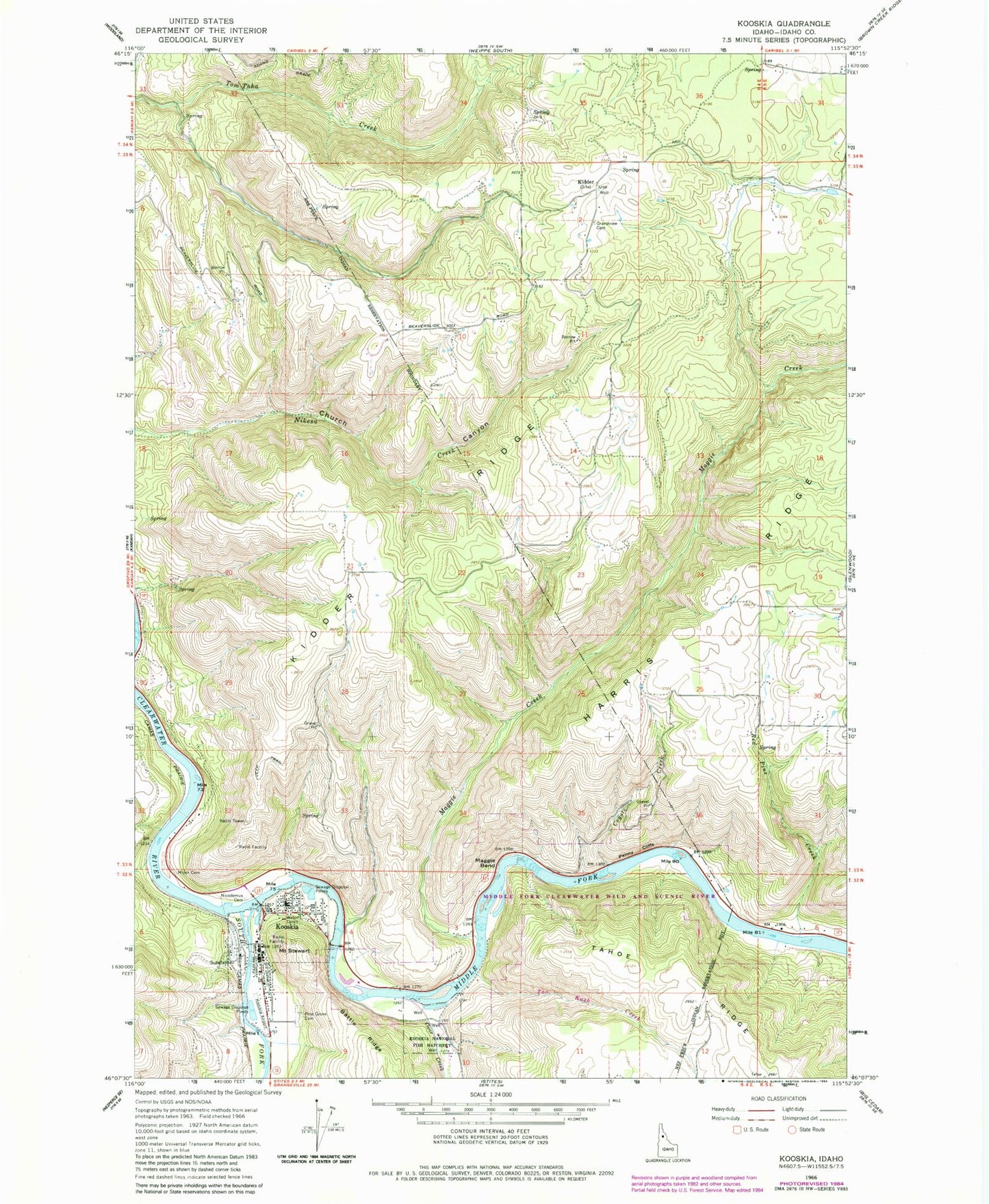 Classic USGS Kooskia Idaho 7.5'x7.5' Topo Map Image