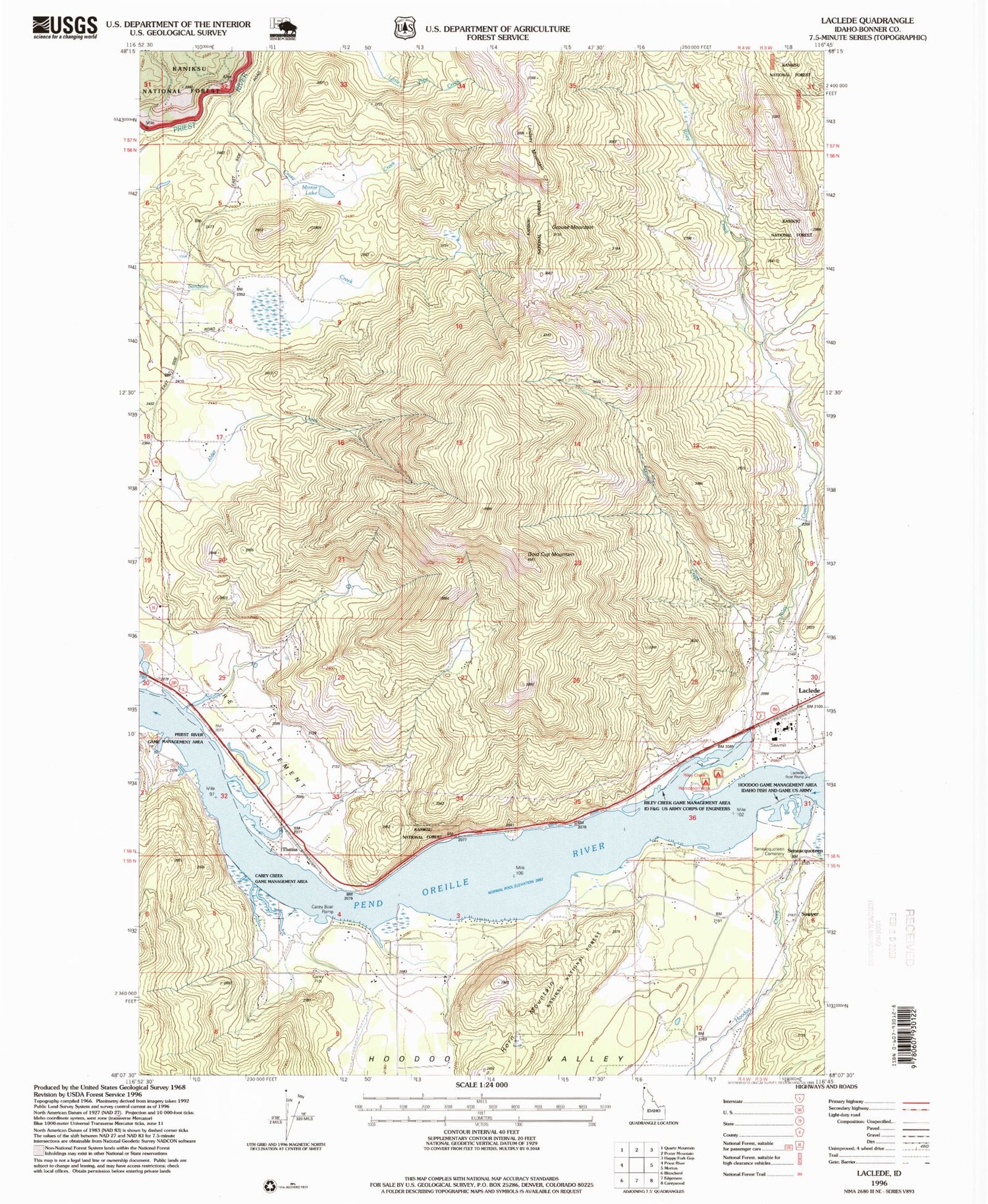 Classic USGS Laclede Idaho 7.5'x7.5' Topo Map Image
