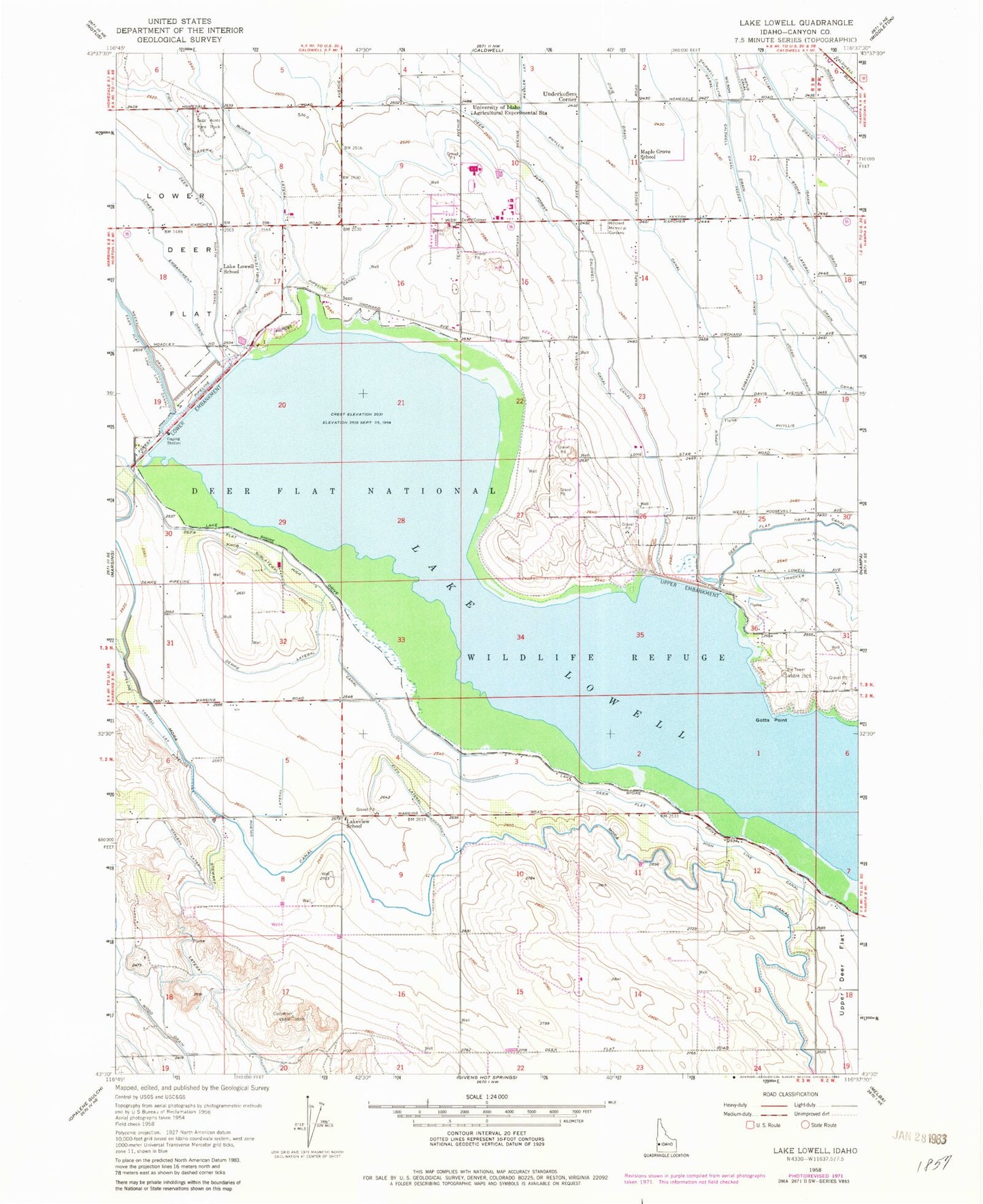 Classic USGS Lake Lowell Idaho 7.5'x7.5' Topo Map Image