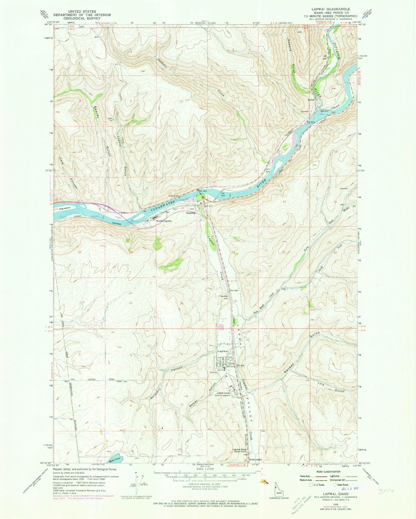 Classic USGS Lapwai Idaho 7.5'x7.5' Topo Map Image