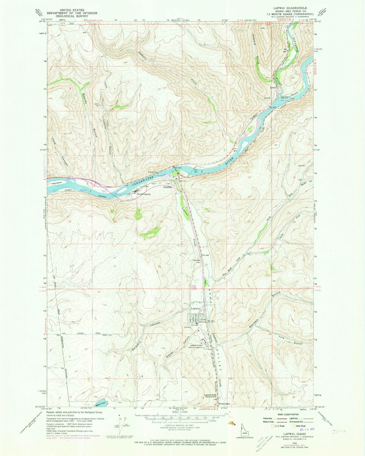 Classic USGS Lapwai Idaho 7.5'x7.5' Topo Map Image