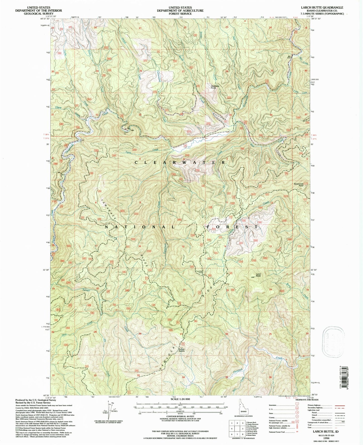 Classic USGS Larch Butte Idaho 7.5'x7.5' Topo Map Image