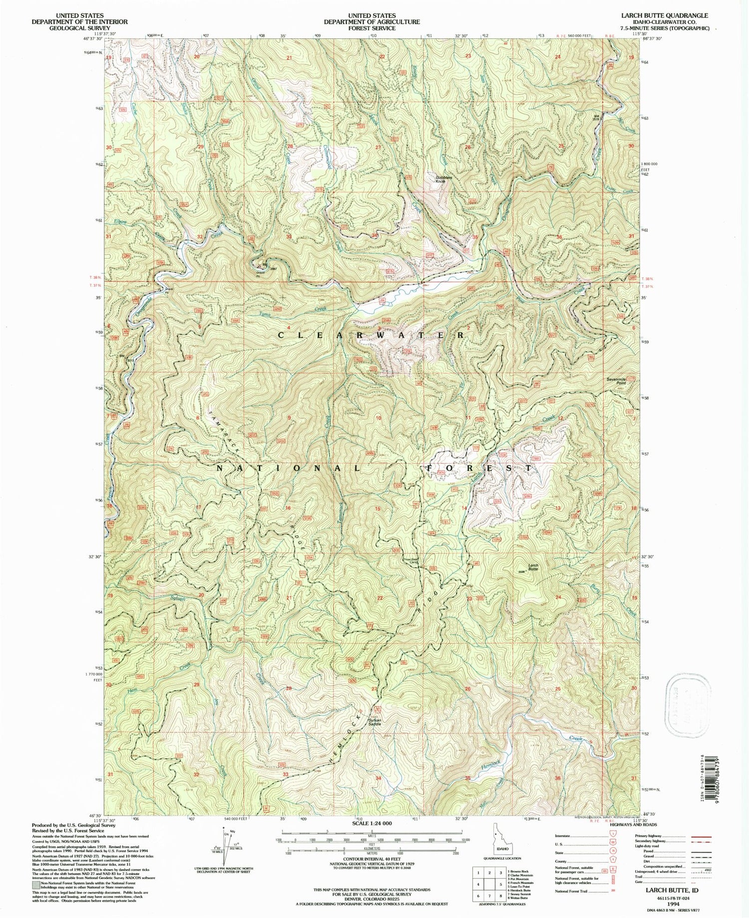 Classic USGS Larch Butte Idaho 7.5'x7.5' Topo Map Image
