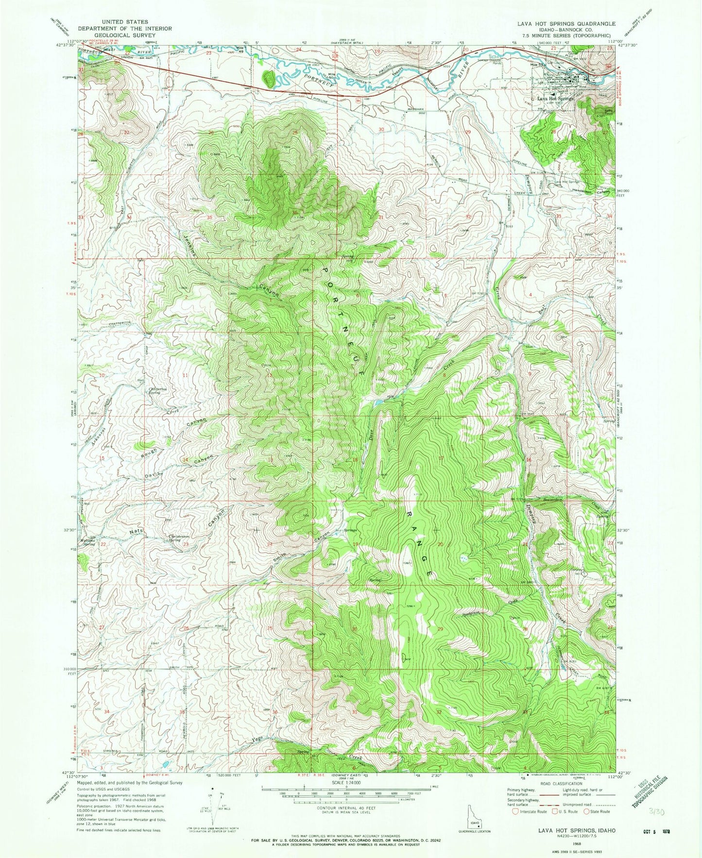 Classic USGS Lava Hot Springs Idaho 7.5'x7.5' Topo Map Image