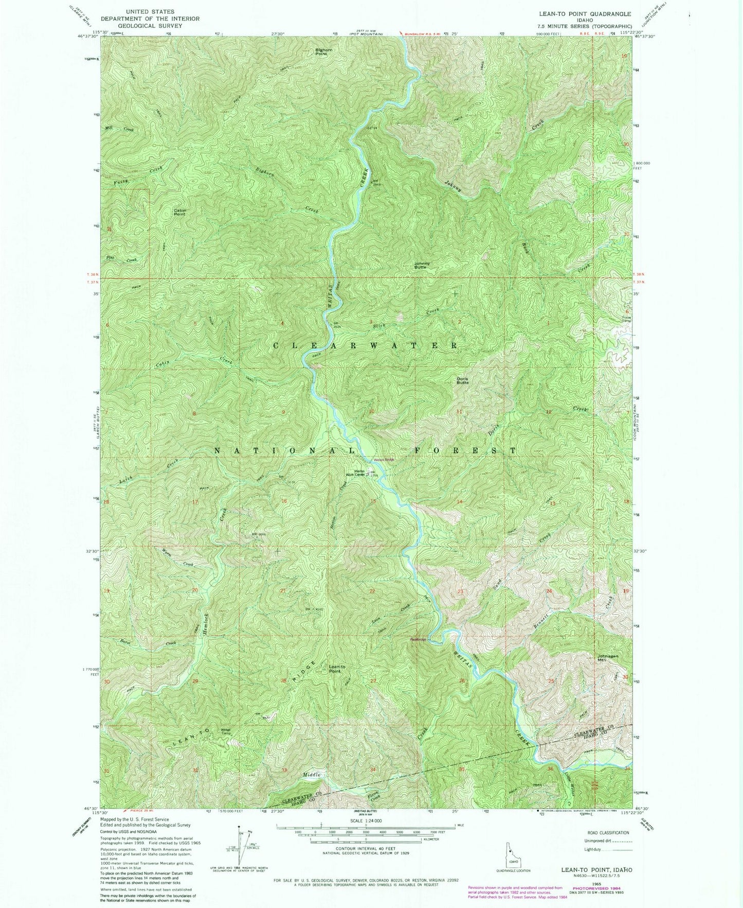 Classic USGS Lean-to Point Idaho 7.5'x7.5' Topo Map Image