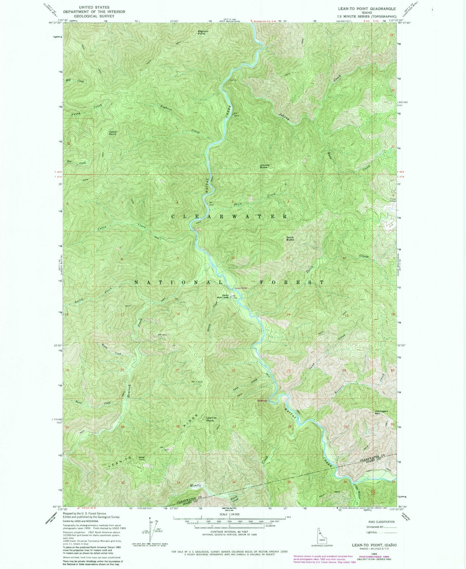 Classic USGS Lean-to Point Idaho 7.5'x7.5' Topo Map Image