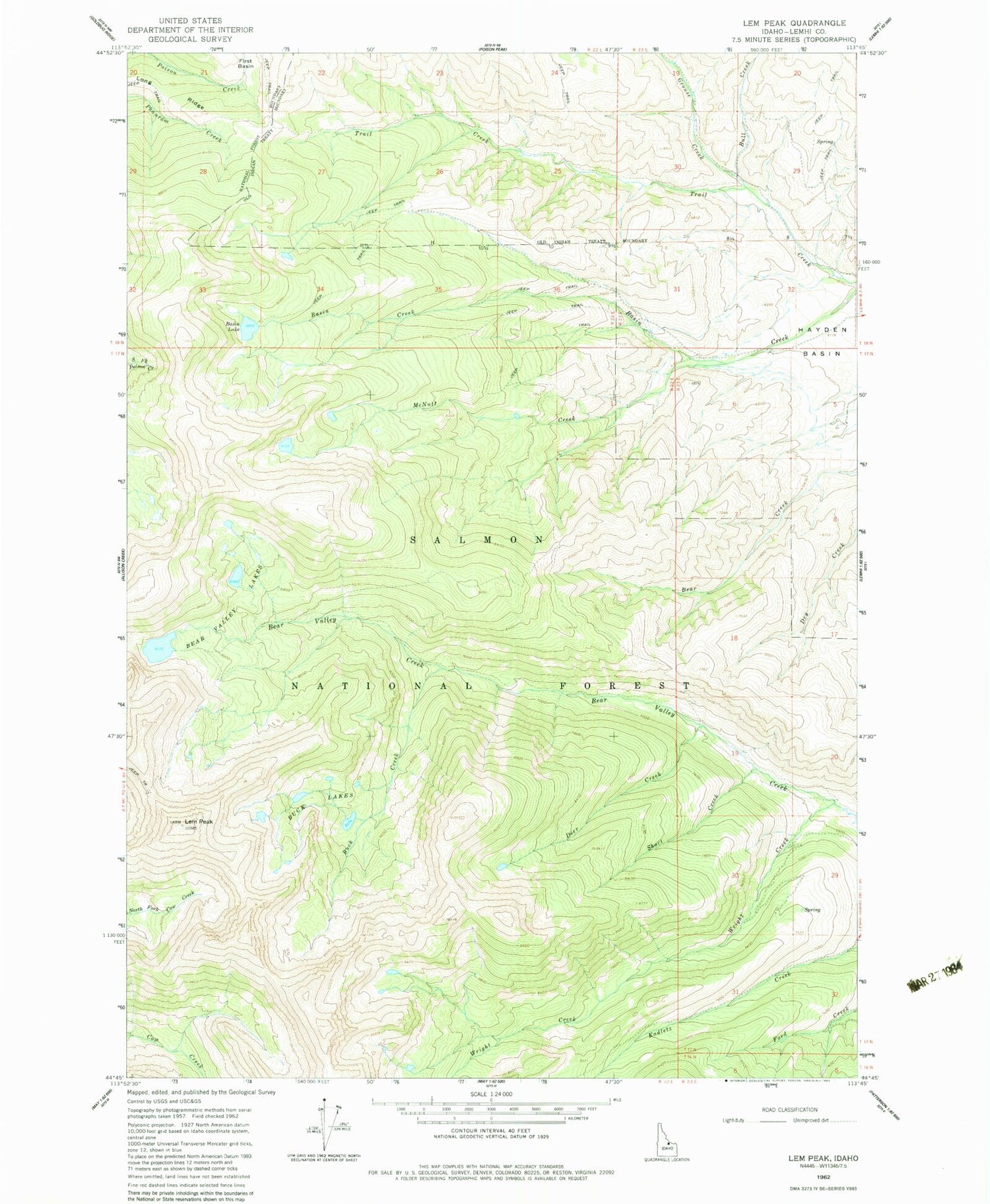 Classic USGS Lem Peak Idaho 7.5'x7.5' Topo Map Image