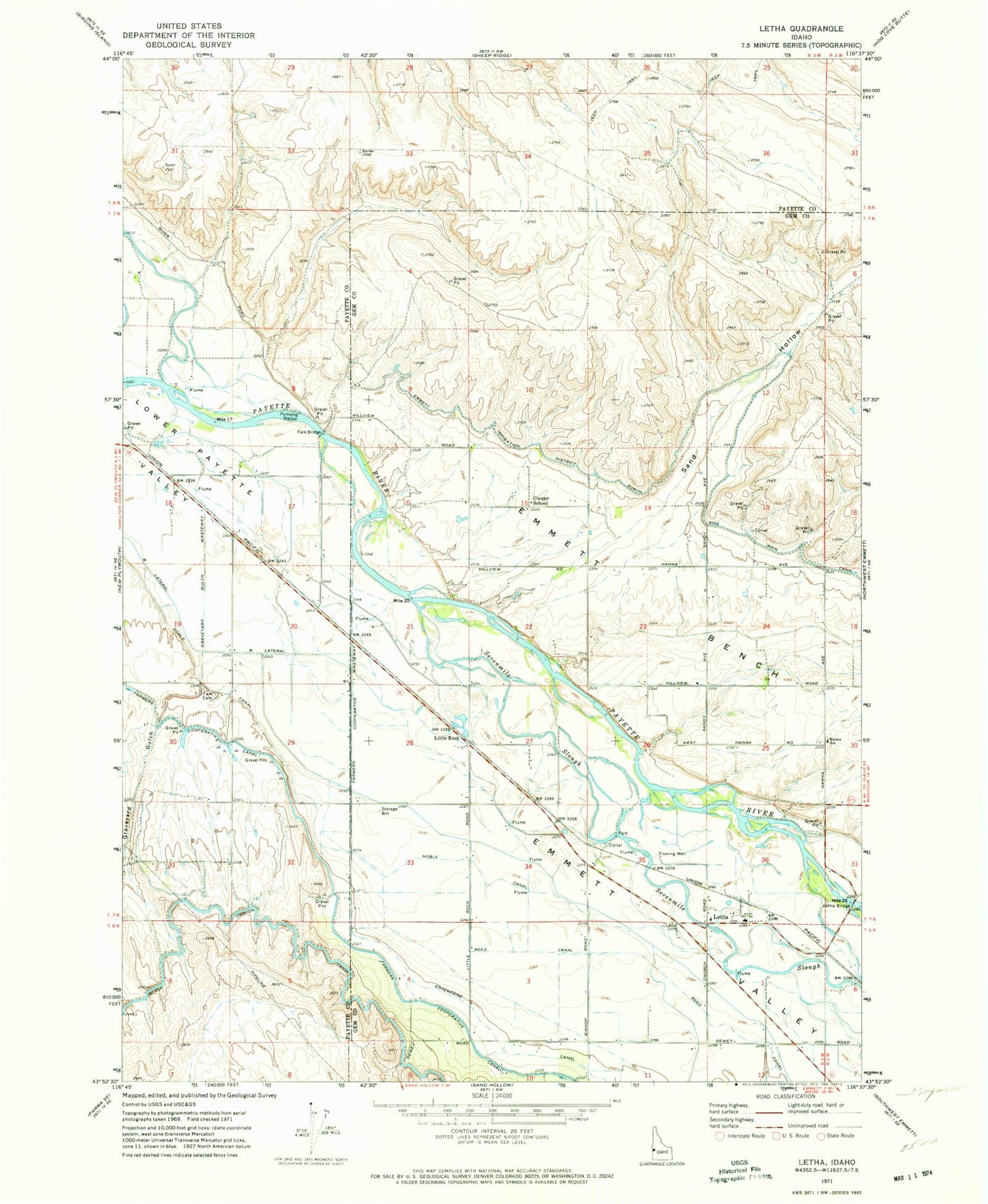 Classic USGS Letha Idaho 7.5'x7.5' Topo Map Image