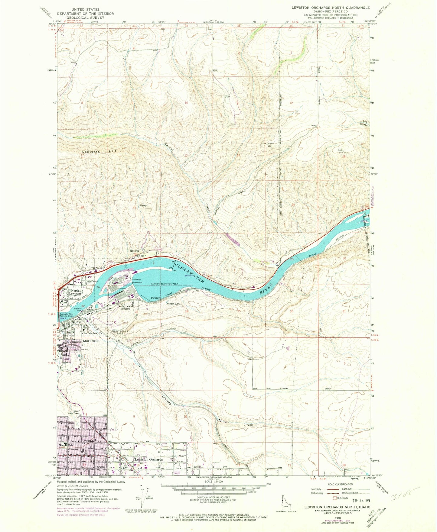 Classic USGS Lewiston Orchards North Idaho 7.5'x7.5' Topo Map Image