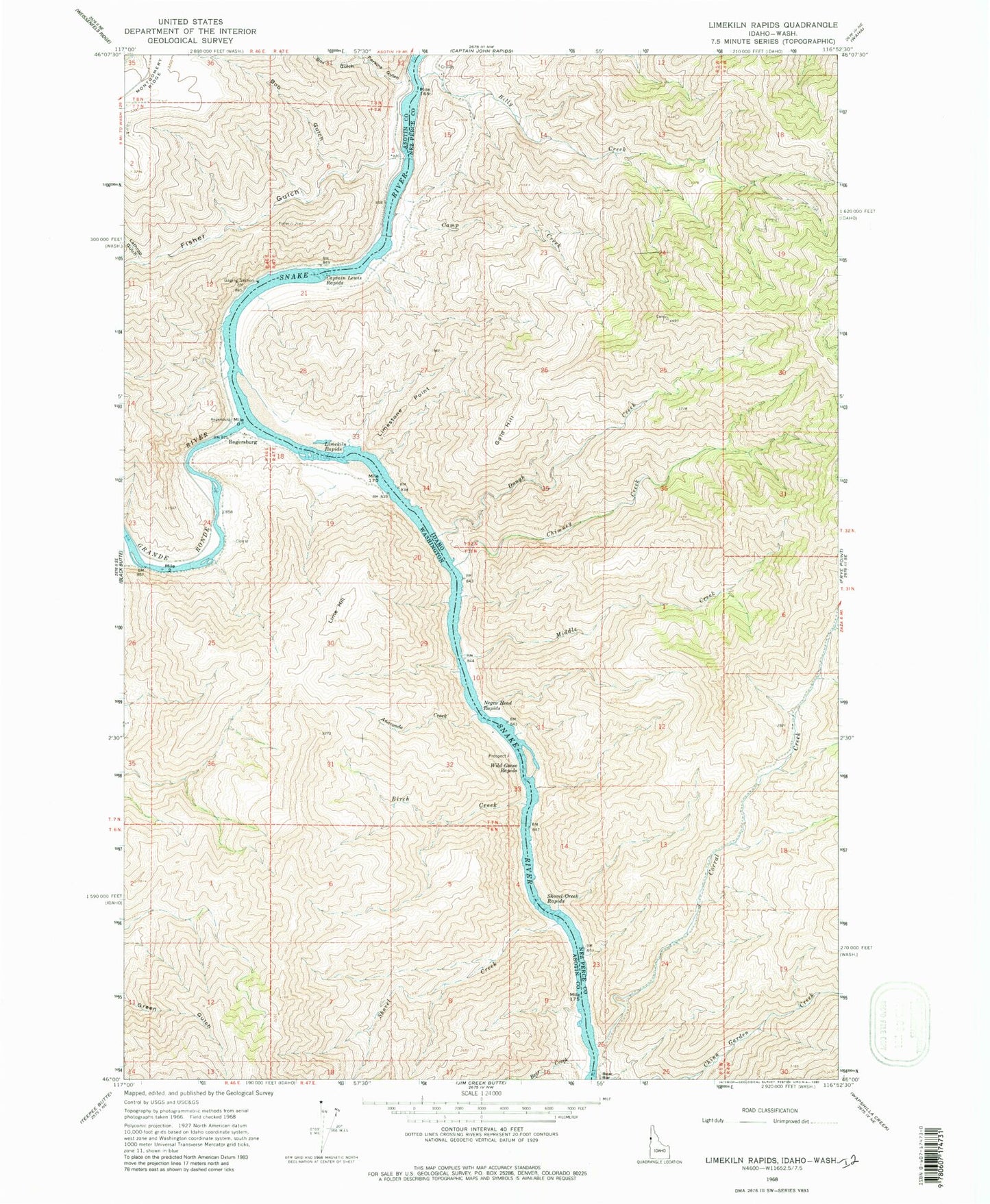 Classic USGS Limekiln Rapids Idaho 7.5'x7.5' Topo Map Image