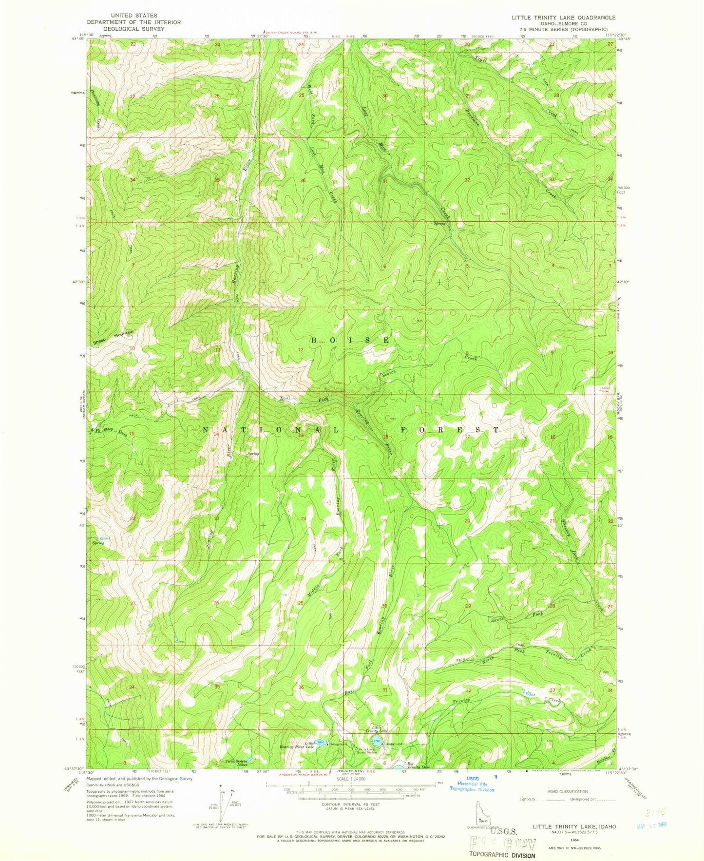 Classic USGS Little Trinity Lake Idaho 7.5'x7.5' Topo Map Image