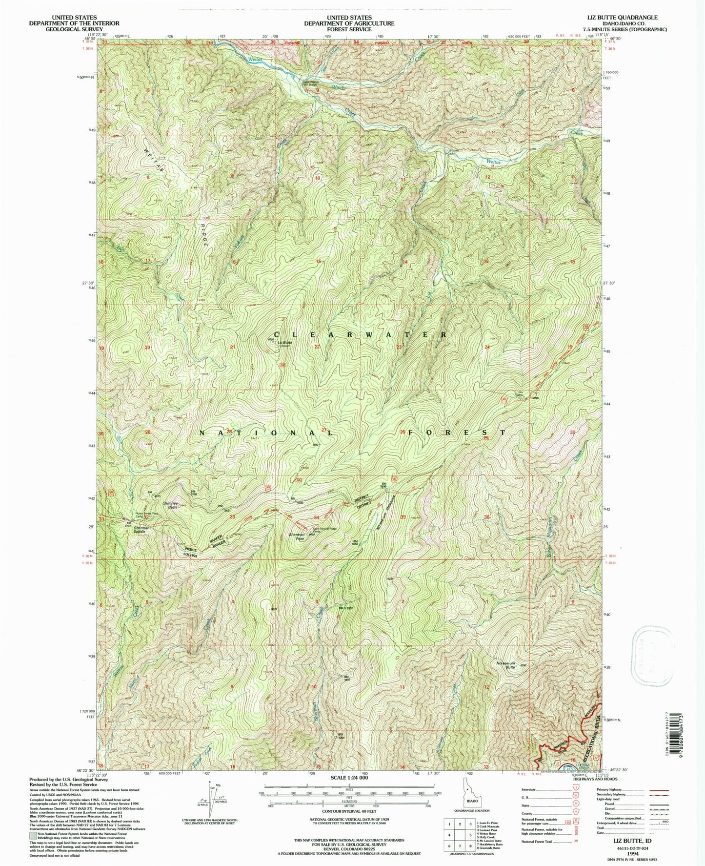 Classic USGS Liz Butte Idaho 7.5'x7.5' Topo Map Image