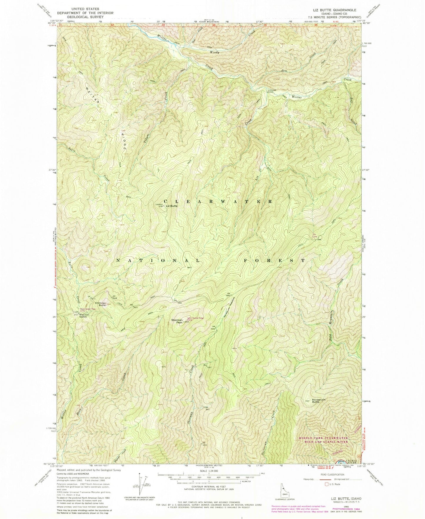 Classic USGS Liz Butte Idaho 7.5'x7.5' Topo Map Image