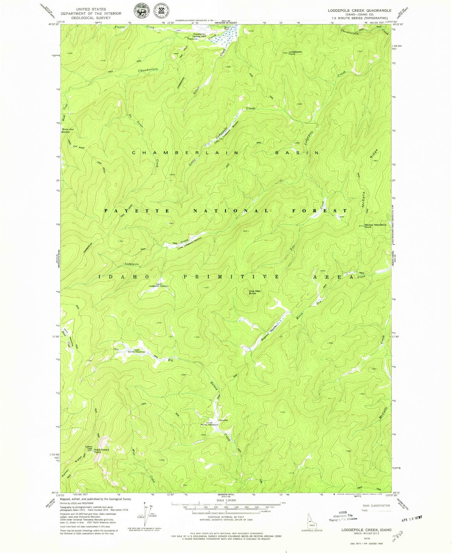 Classic USGS Lodgepole Creek Idaho 7.5'x7.5' Topo Map Image