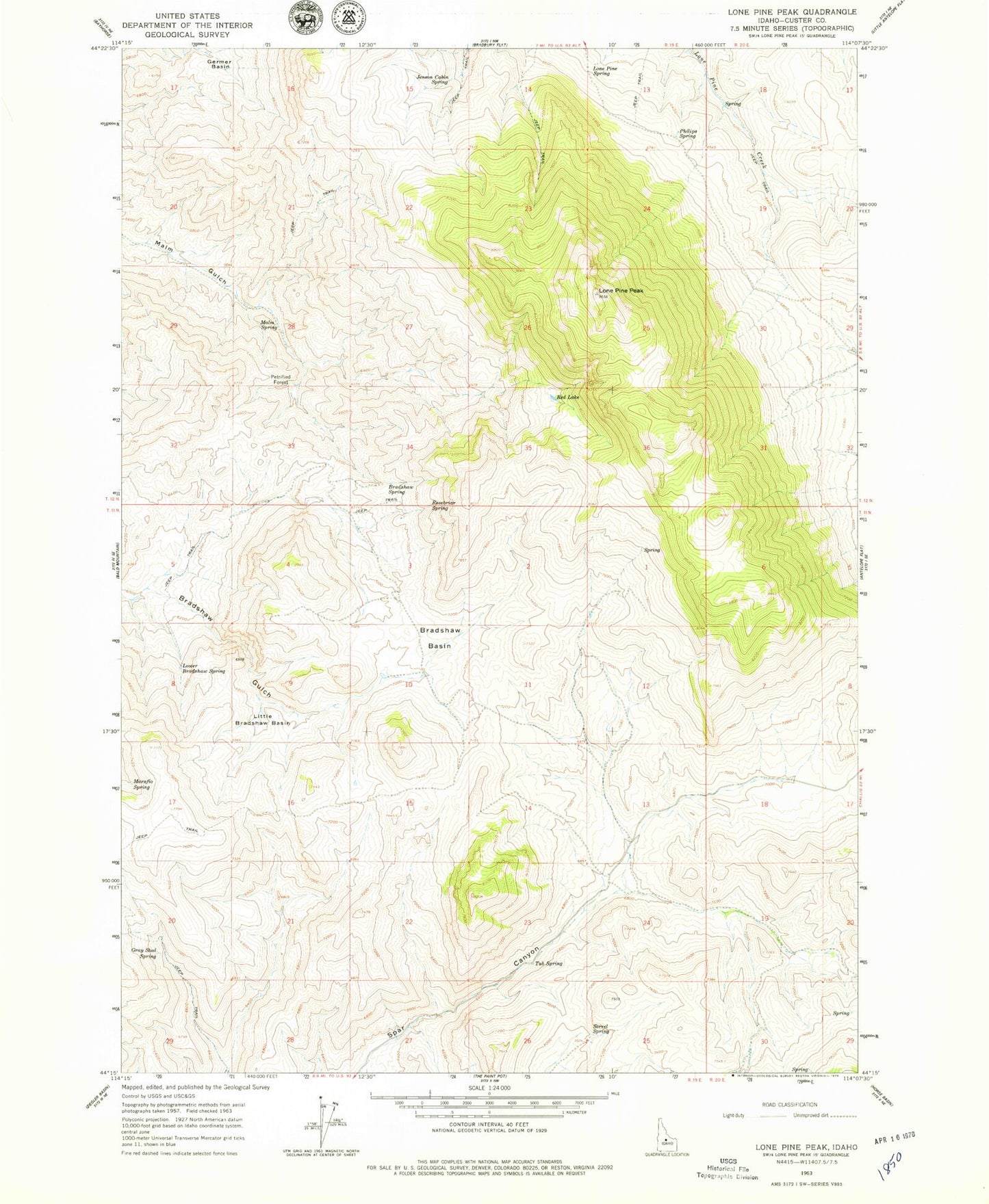 Classic USGS Lone Pine Peak Idaho 7.5'x7.5' Topo Map Image