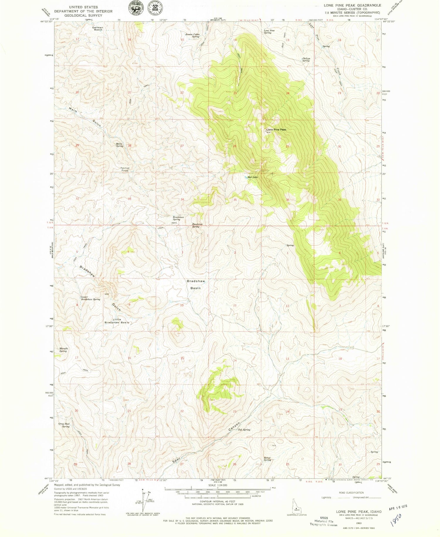 Classic USGS Lone Pine Peak Idaho 7.5'x7.5' Topo Map Image