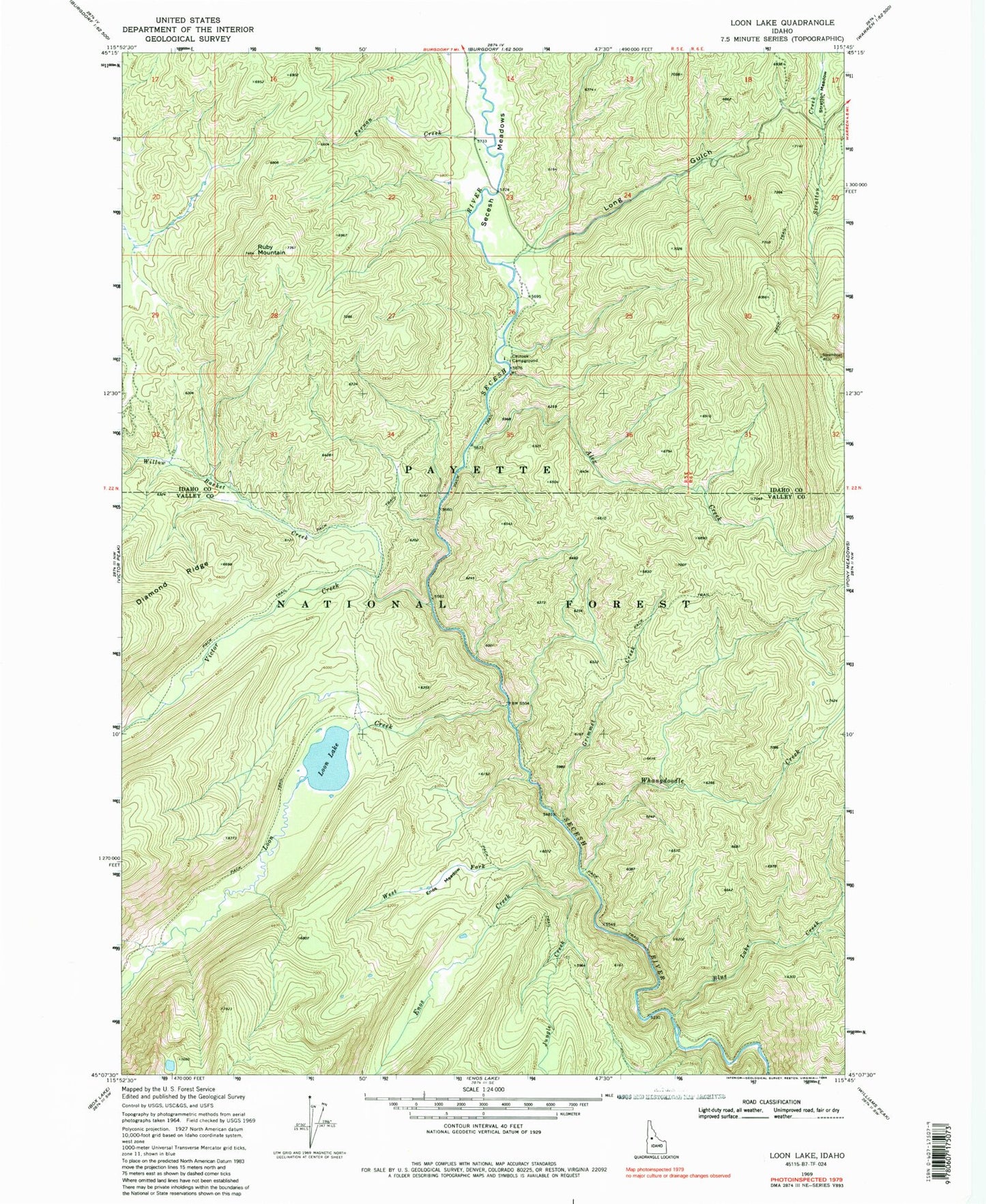 Classic USGS Loon Lake Idaho 7.5'x7.5' Topo Map Image