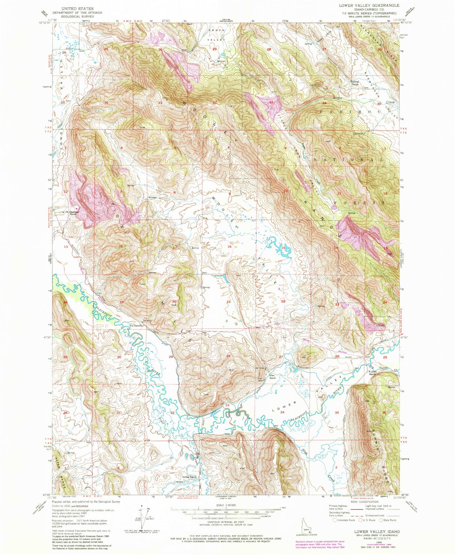 Classic USGS Lower Valley Idaho 7.5'x7.5' Topo Map Image