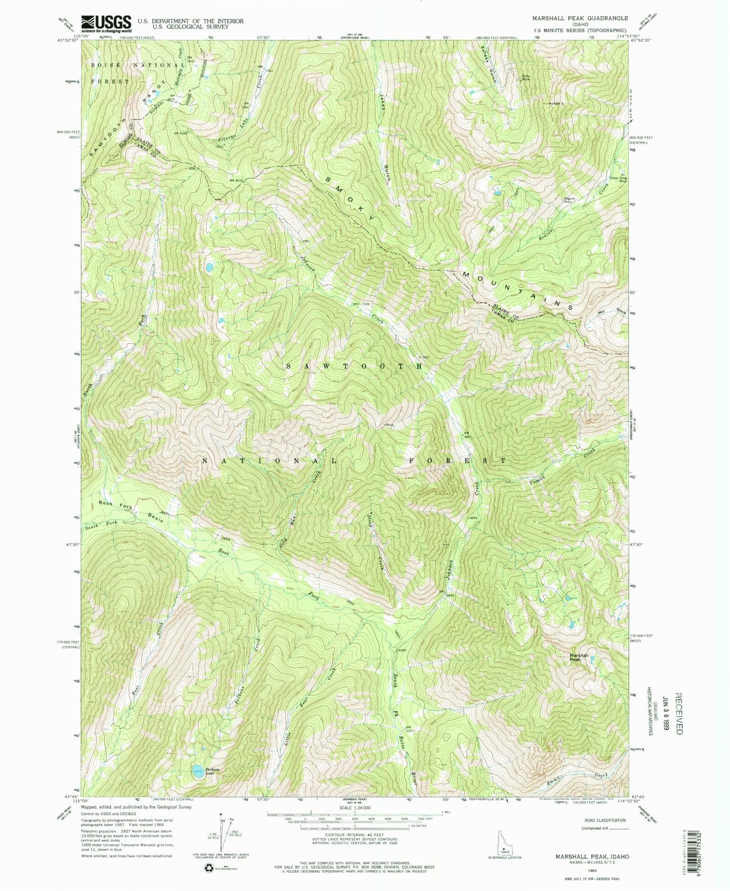 Classic USGS Marshall Peak Idaho 7.5'x7.5' Topo Map Image