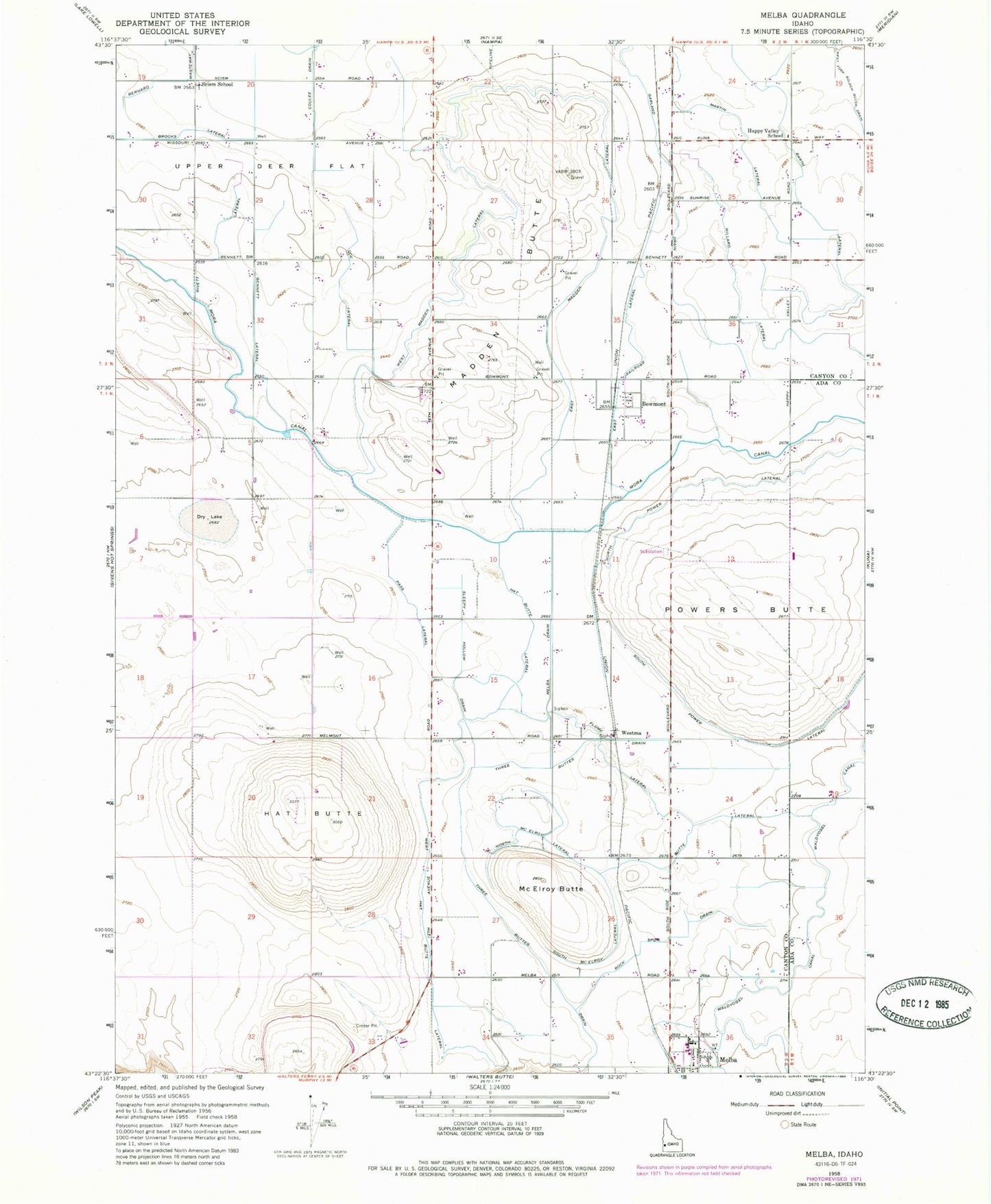 Classic USGS Melba Idaho 7.5'x7.5' Topo Map Image