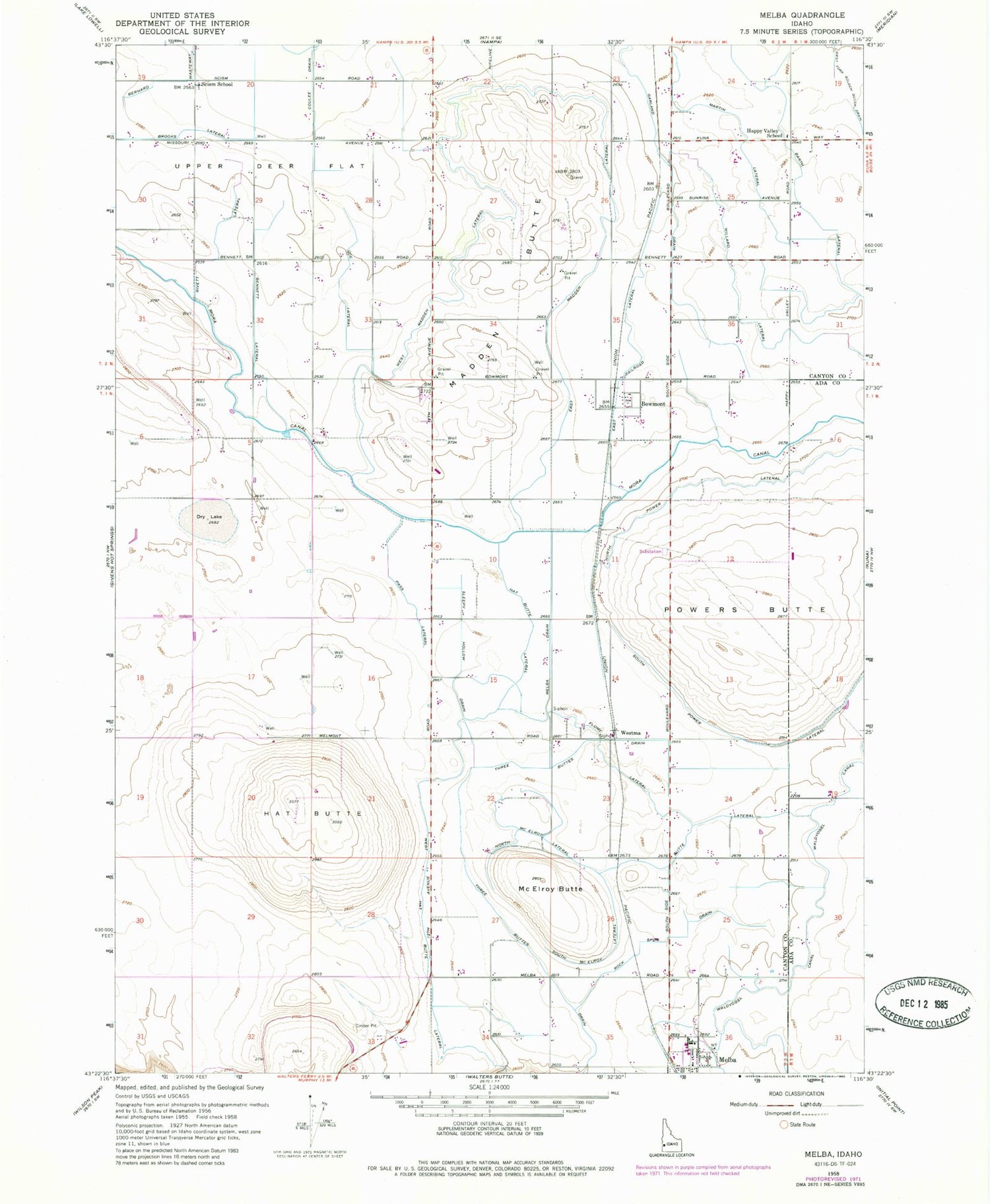 Classic USGS Melba Idaho 7.5'x7.5' Topo Map Image