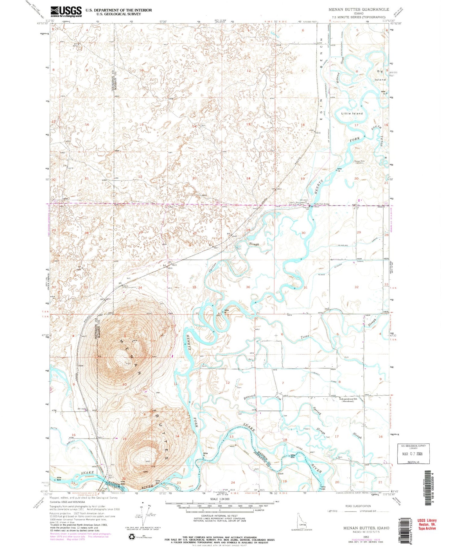 Classic USGS Menan Buttes Idaho 7.5'x7.5' Topo Map Image