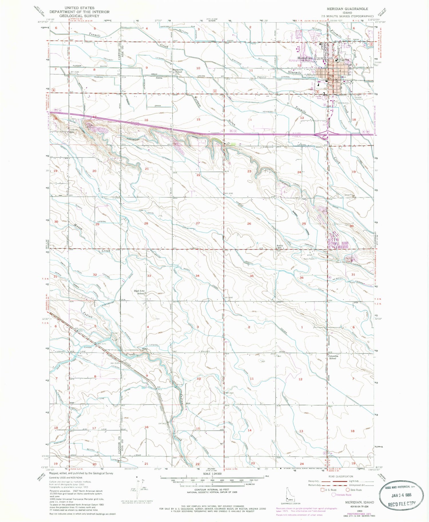 Classic USGS Meridian Idaho 7.5'x7.5' Topo Map Image