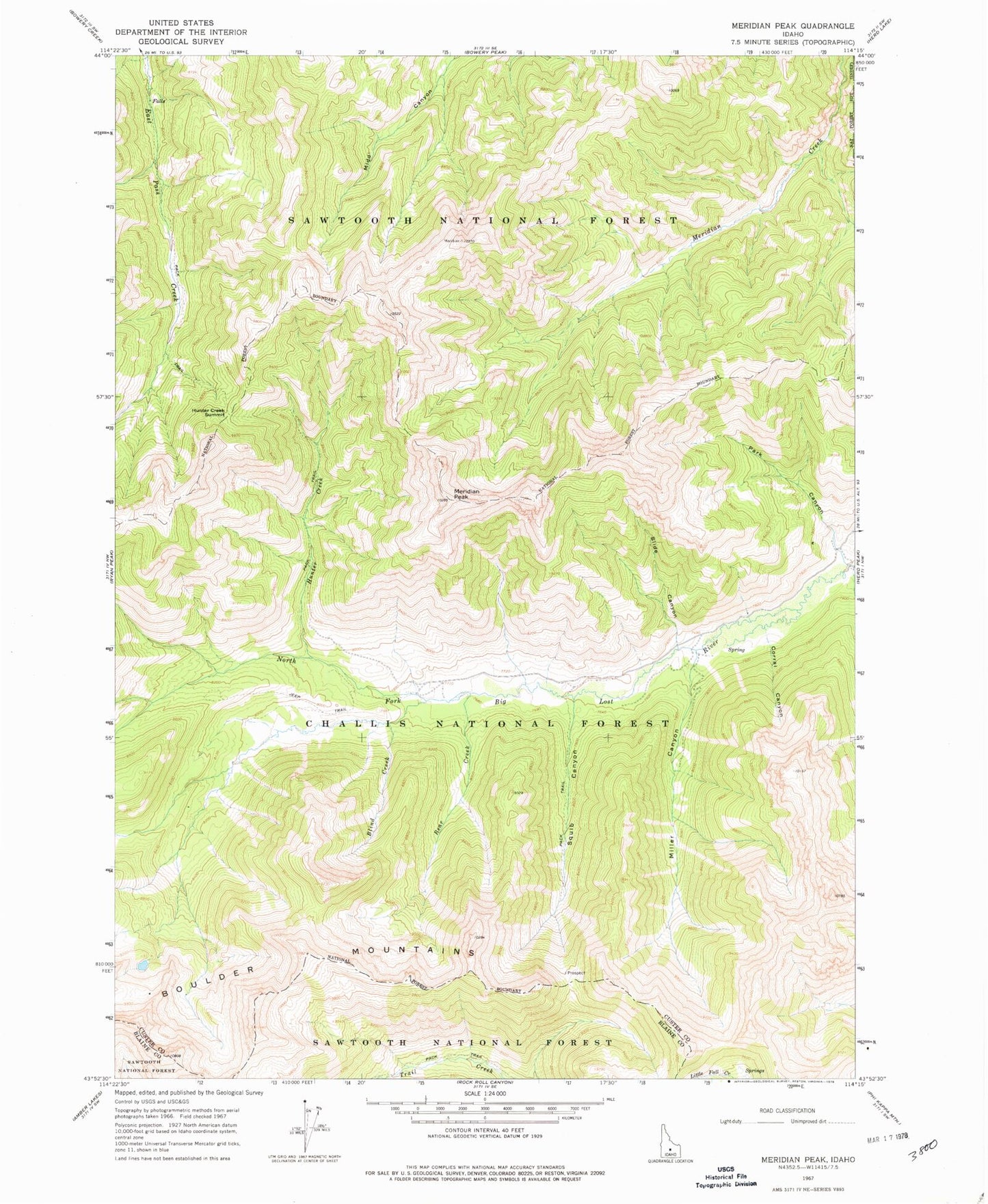 Classic USGS Meridian Peak Idaho 7.5'x7.5' Topo Map Image