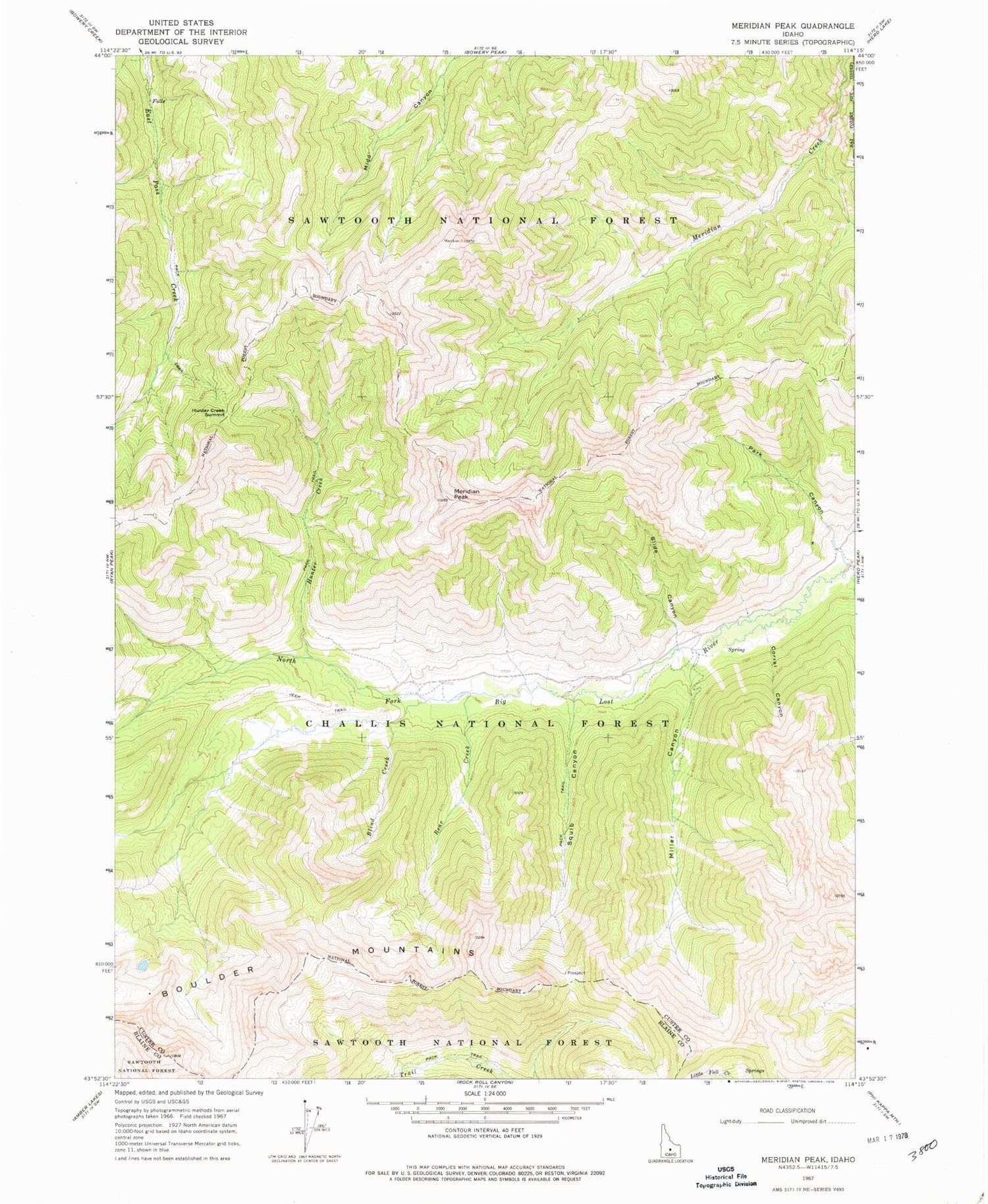 Classic USGS Meridian Peak Idaho 7.5'x7.5' Topo Map Image