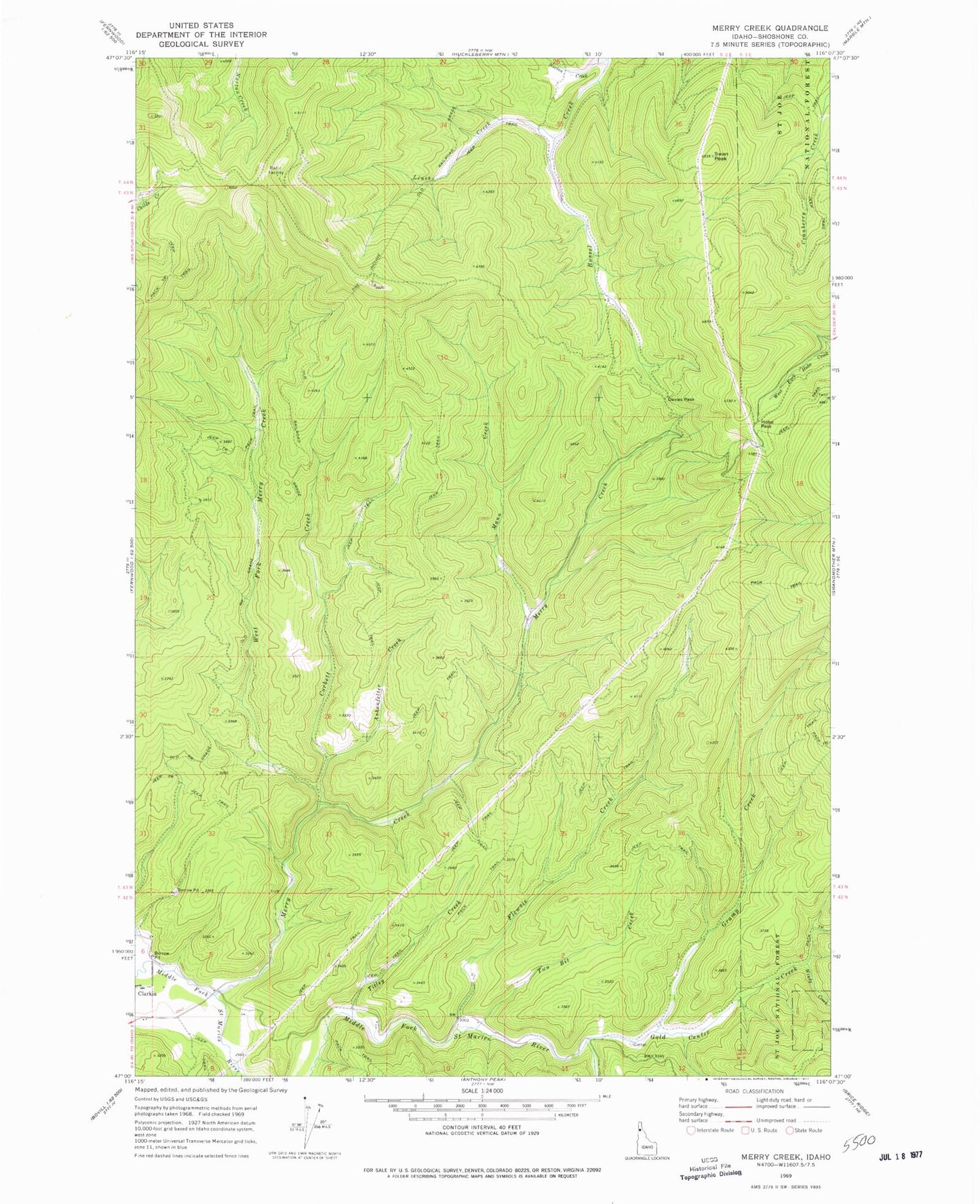 Classic USGS Merry Creek Idaho 7.5'x7.5' Topo Map Image