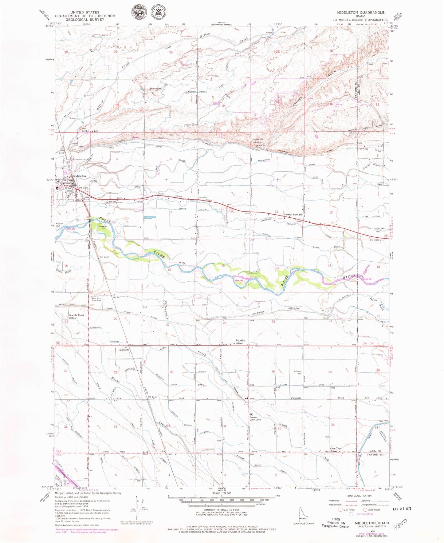 Classic USGS Middleton Idaho 7.5'x7.5' Topo Map Image