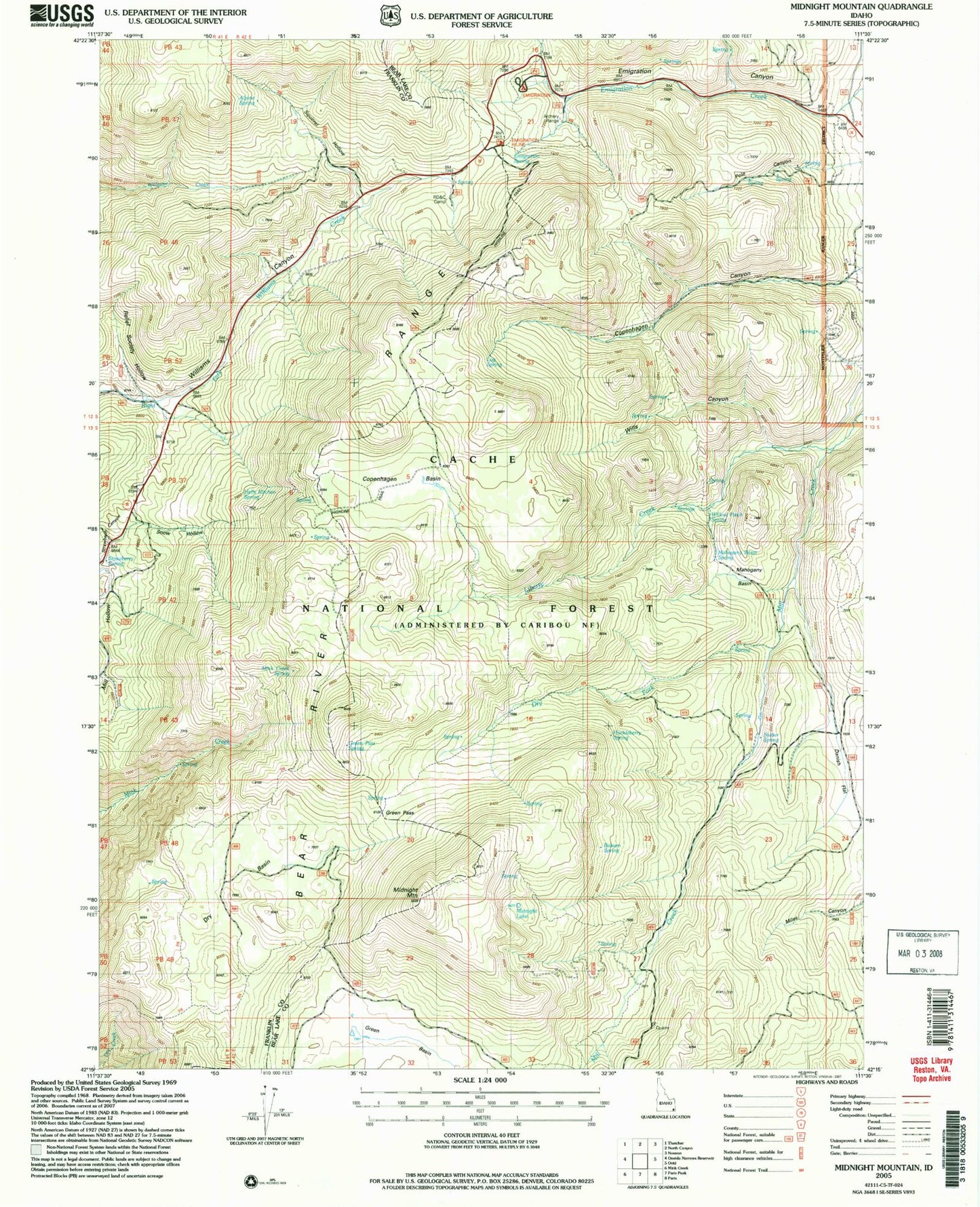 Classic USGS Midnight Mountain Idaho 7.5'x7.5' Topo Map Image