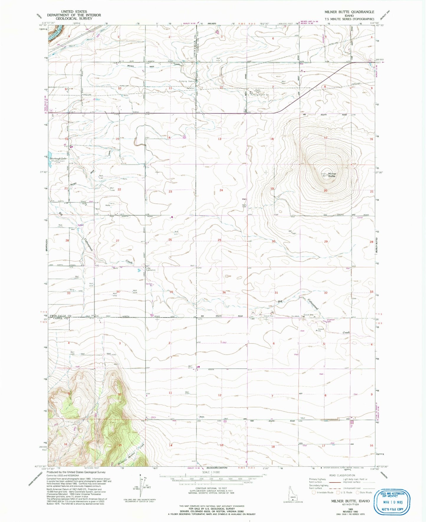 Classic USGS Milner Butte Idaho 7.5'x7.5' Topo Map Image