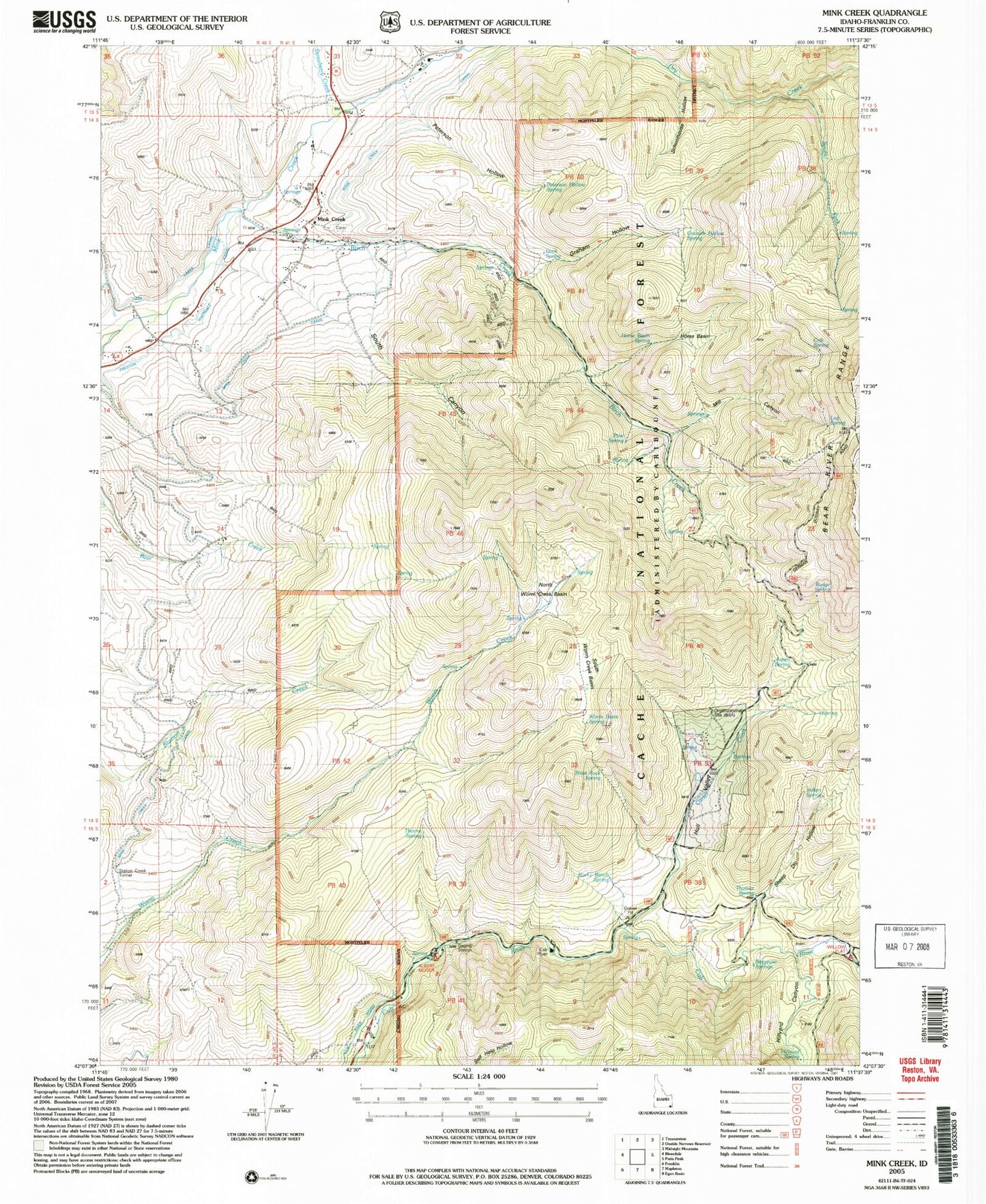 Classic USGS Mink Creek Idaho 7.5'x7.5' Topo Map Image