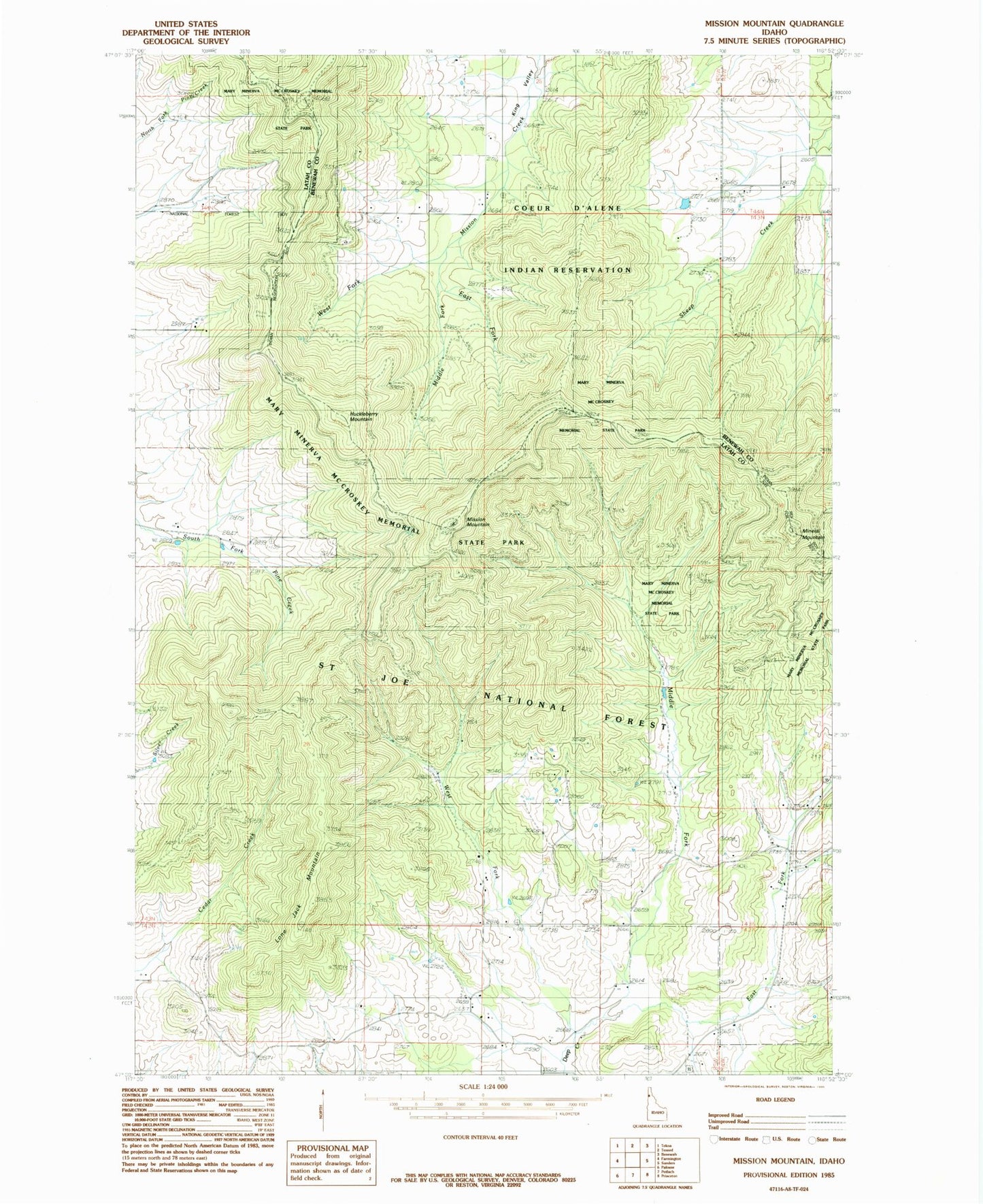 Classic USGS Mission Mountain Idaho 7.5'x7.5' Topo Map Image