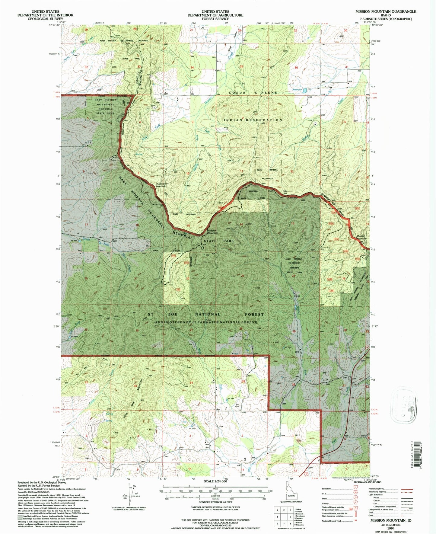 Classic USGS Mission Mountain Idaho 7.5'x7.5' Topo Map Image