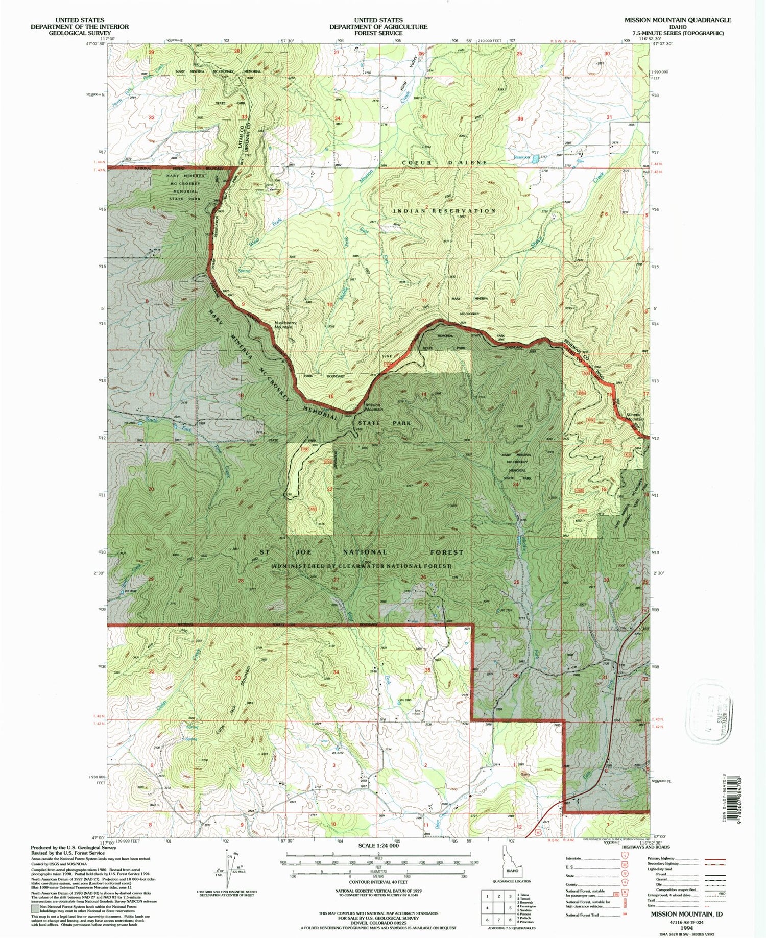 Classic USGS Mission Mountain Idaho 7.5'x7.5' Topo Map Image
